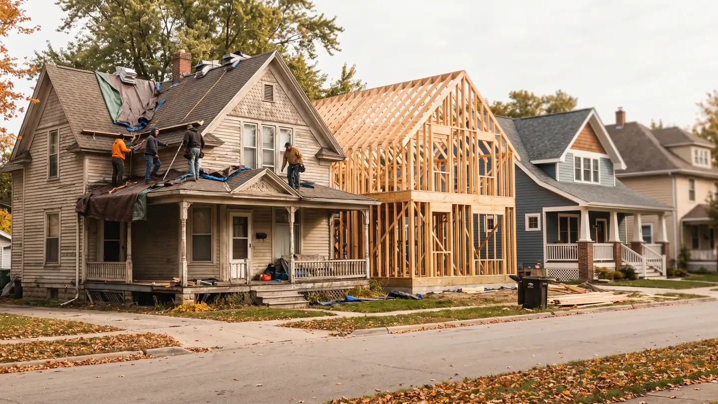 Street showing homes in renovation, framing, and completed stages, illustrating real estate market cycles