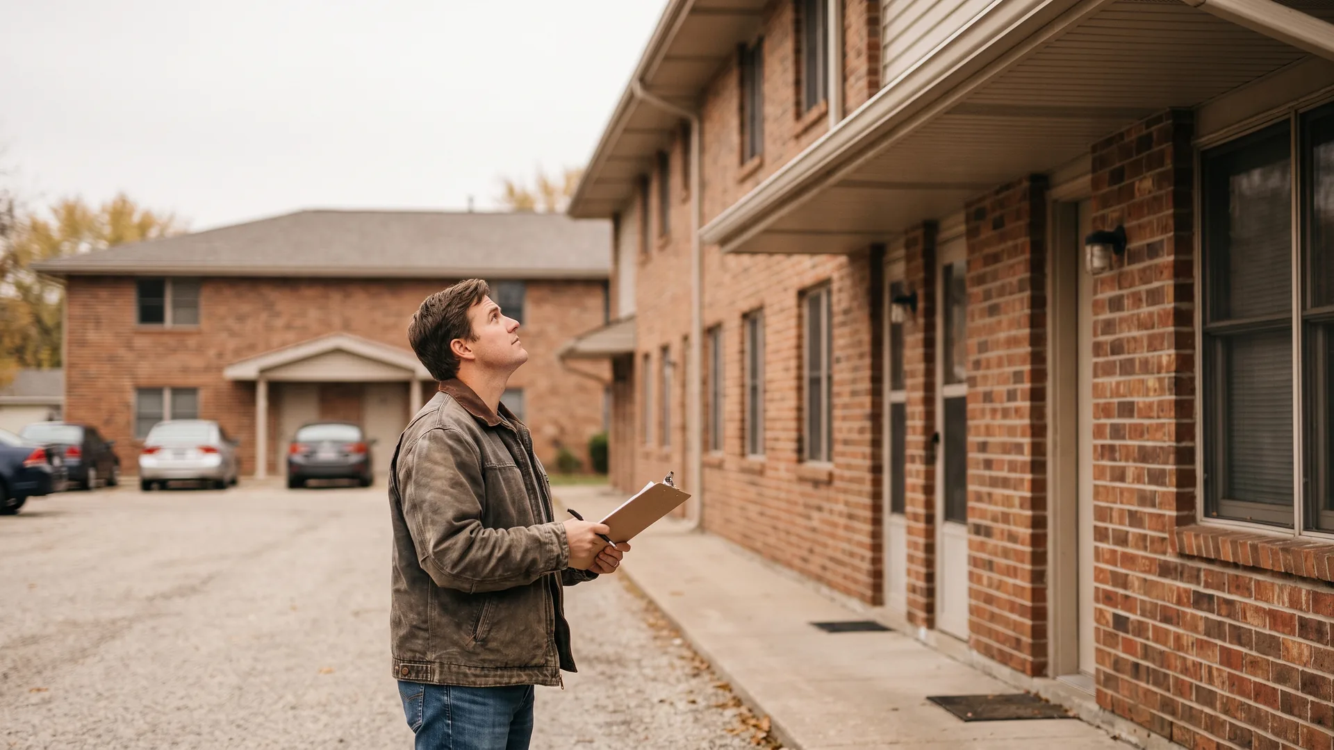 Investor inspecting the exterior of a small brick multi-family building, illustrating real estate market risk assessment
