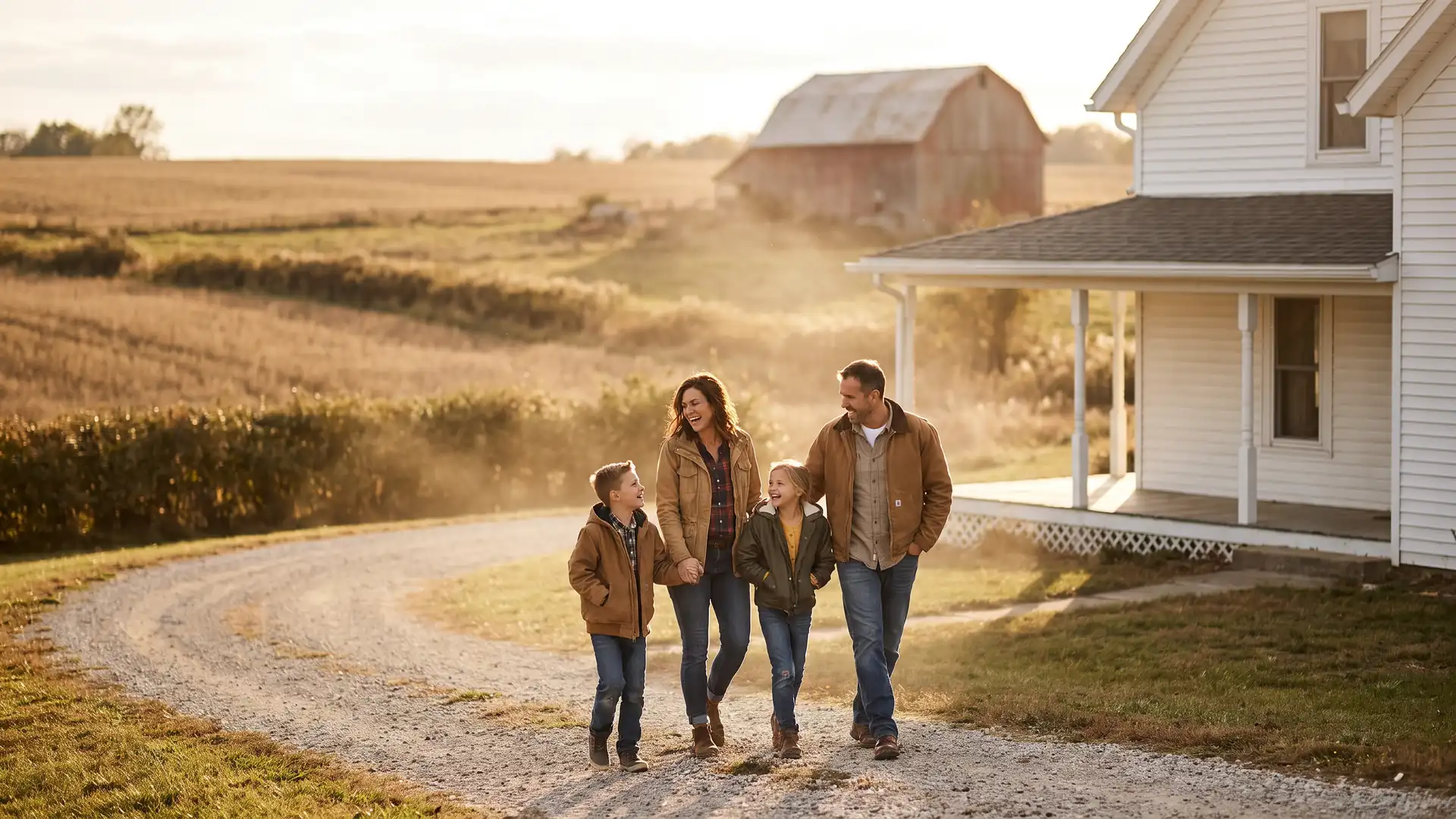 Family outside a rural Michigan farmhouse financed through a USDA loan program