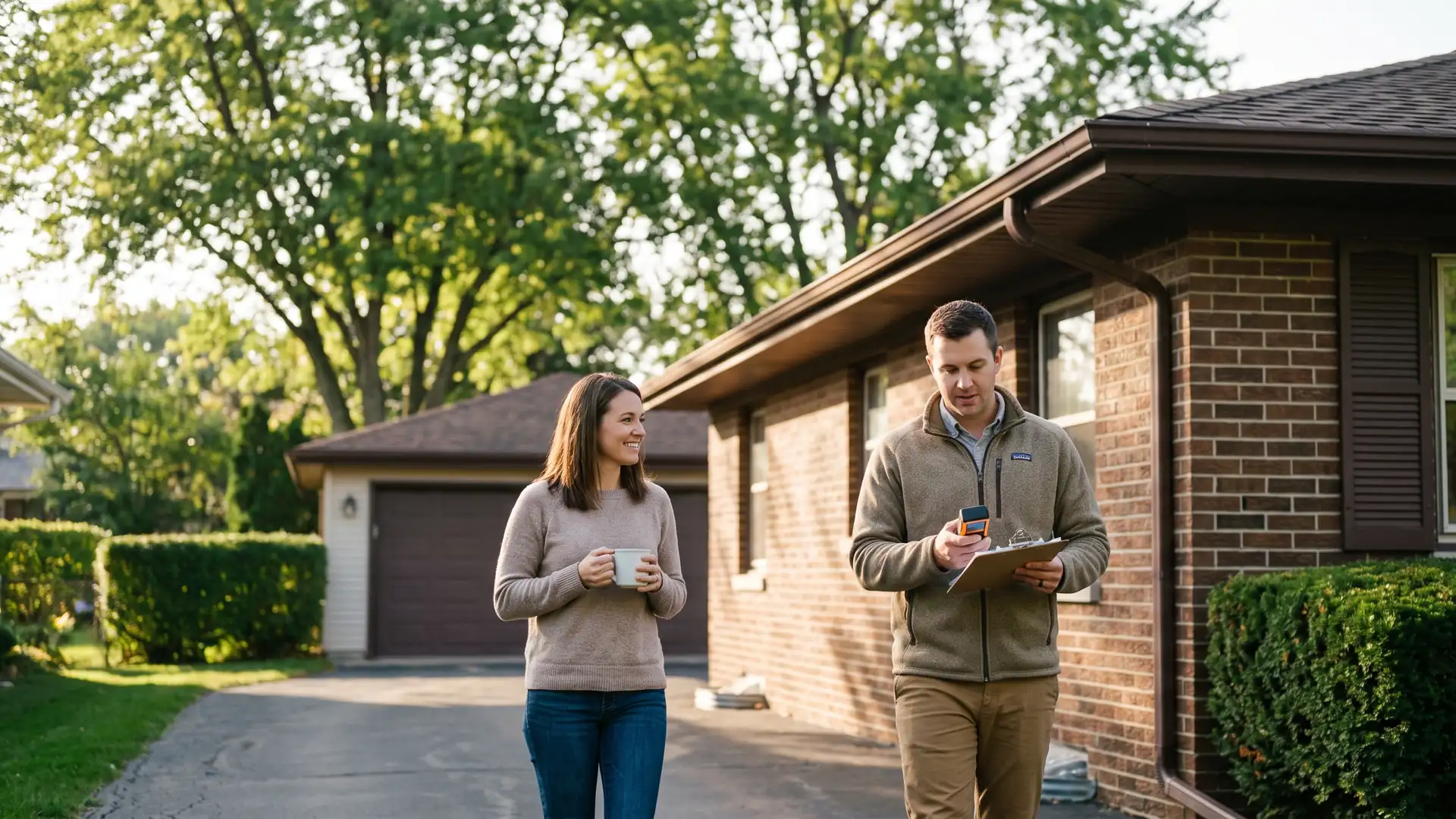 Appraiser measuring the exterior of a brick ranch while the owner watches during a refinance appraisal