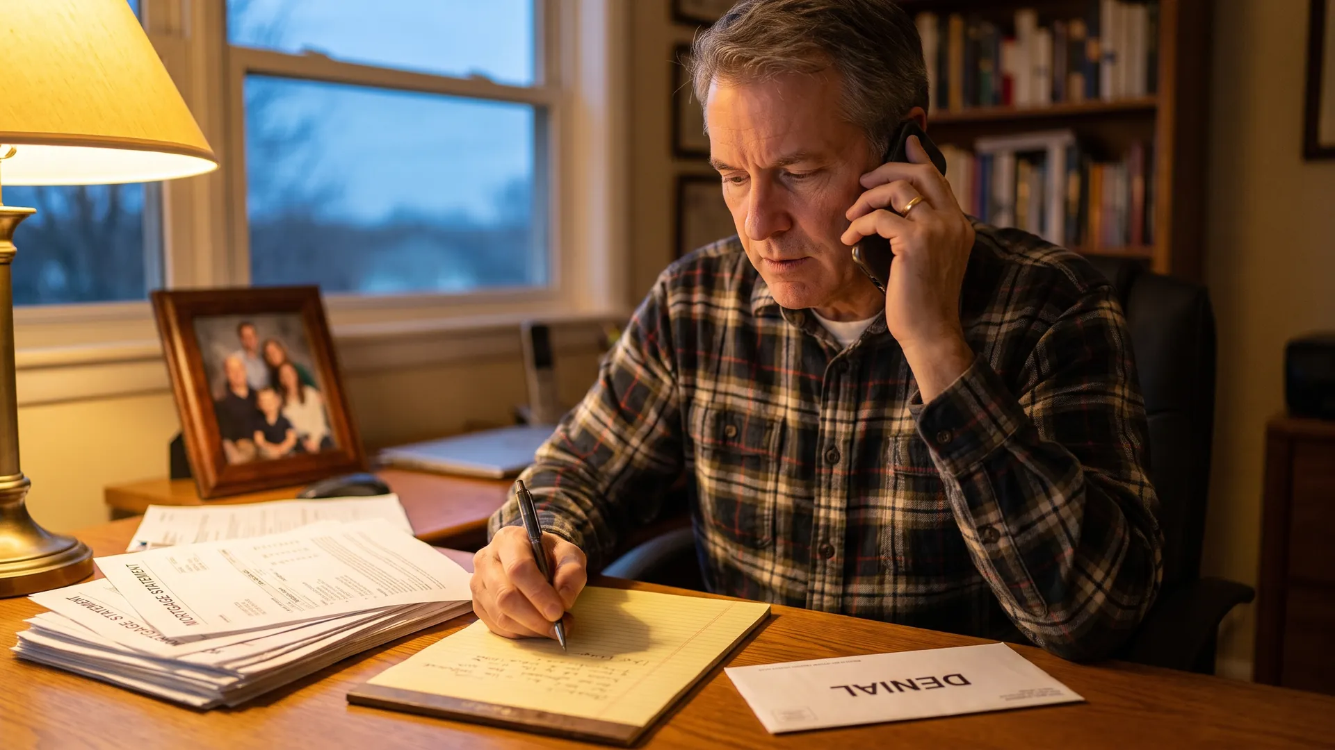 Homeowner on the phone at a desk of mortgage paperwork working through a difficult refinance situation