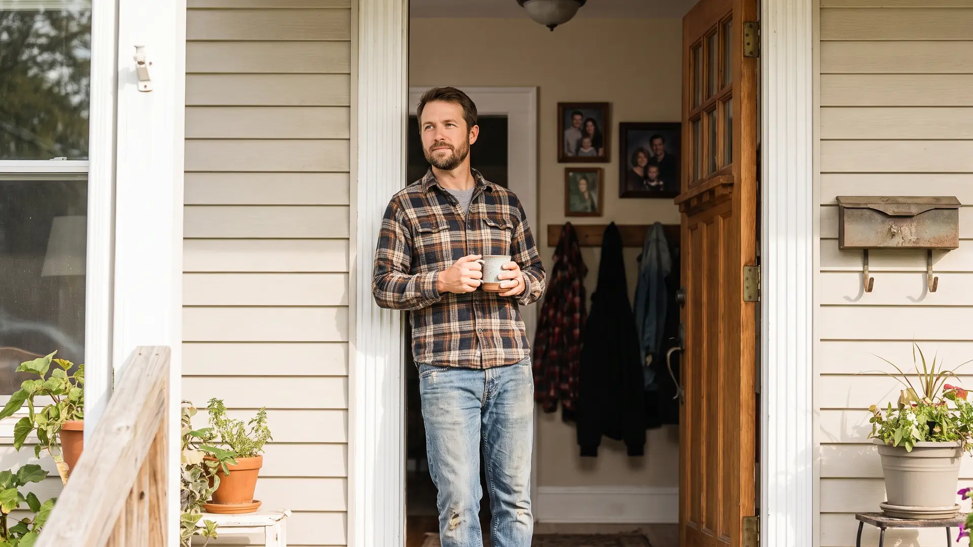 Homeowner in his doorway planning his path toward refinancing after bankruptcy