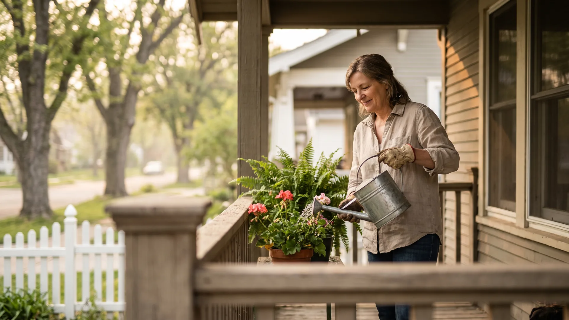 Homeowner tending her porch after two years of on-time payments toward refinancing after a loan modification