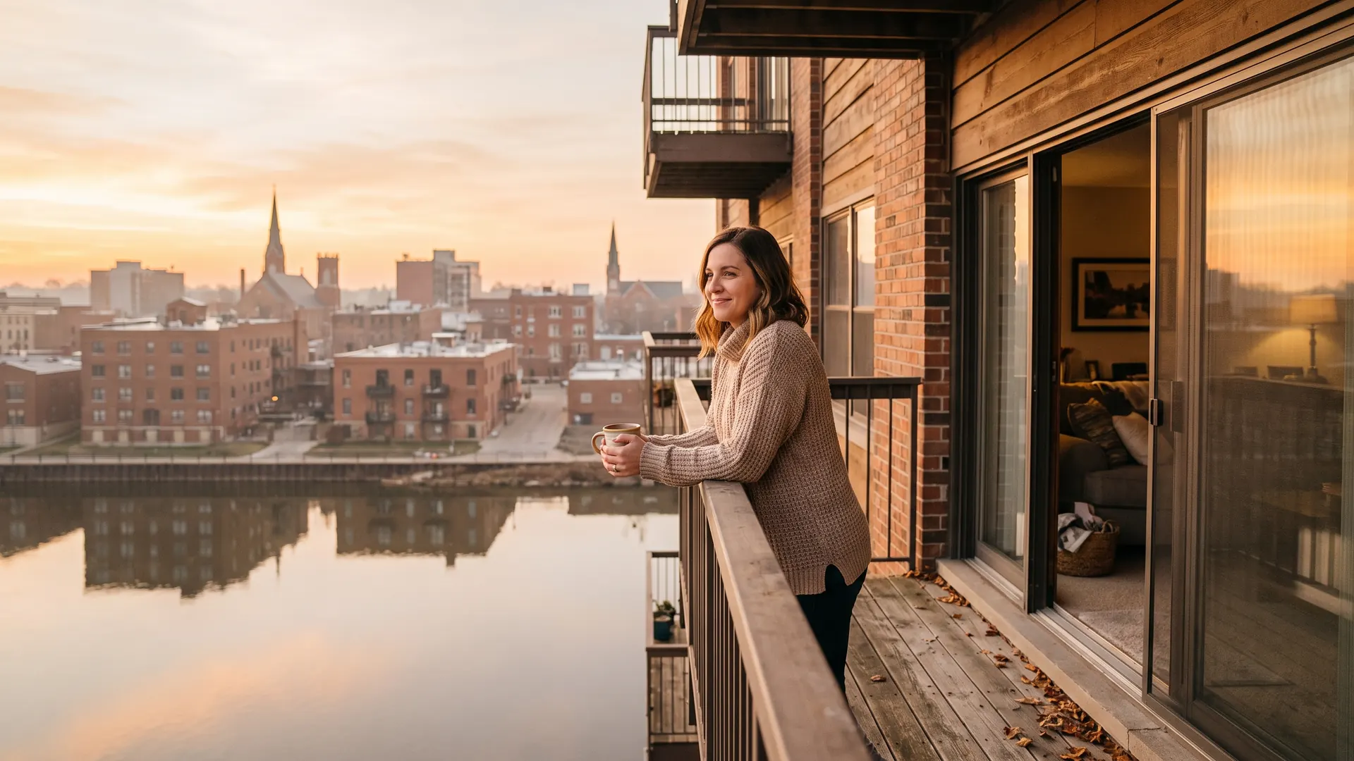 Condo owner on her balcony considering refinancing a condo in a Michigan mid-rise building
