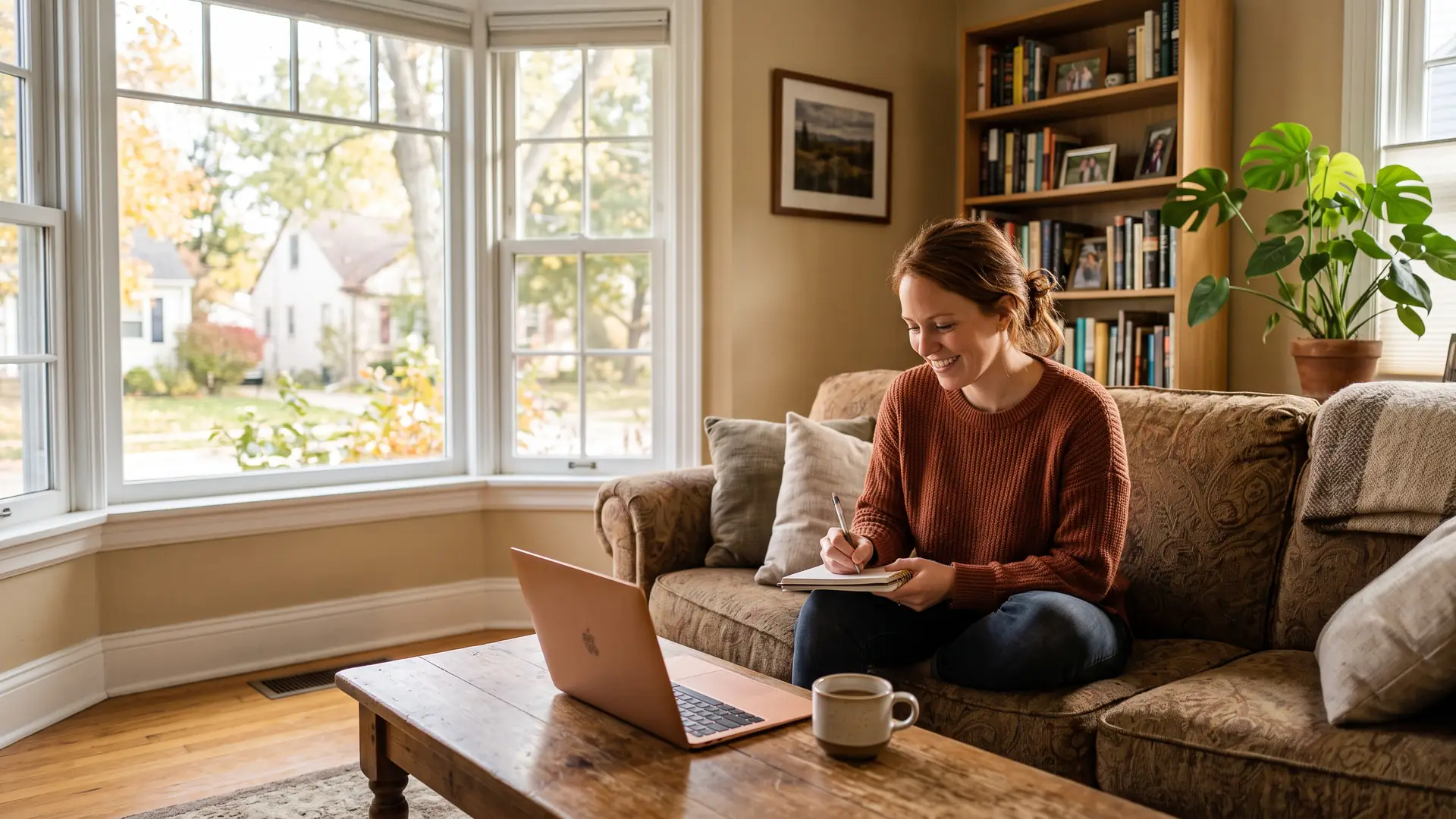 Homeowner checking her refinancing eligibility on a laptop in a sunlit living room