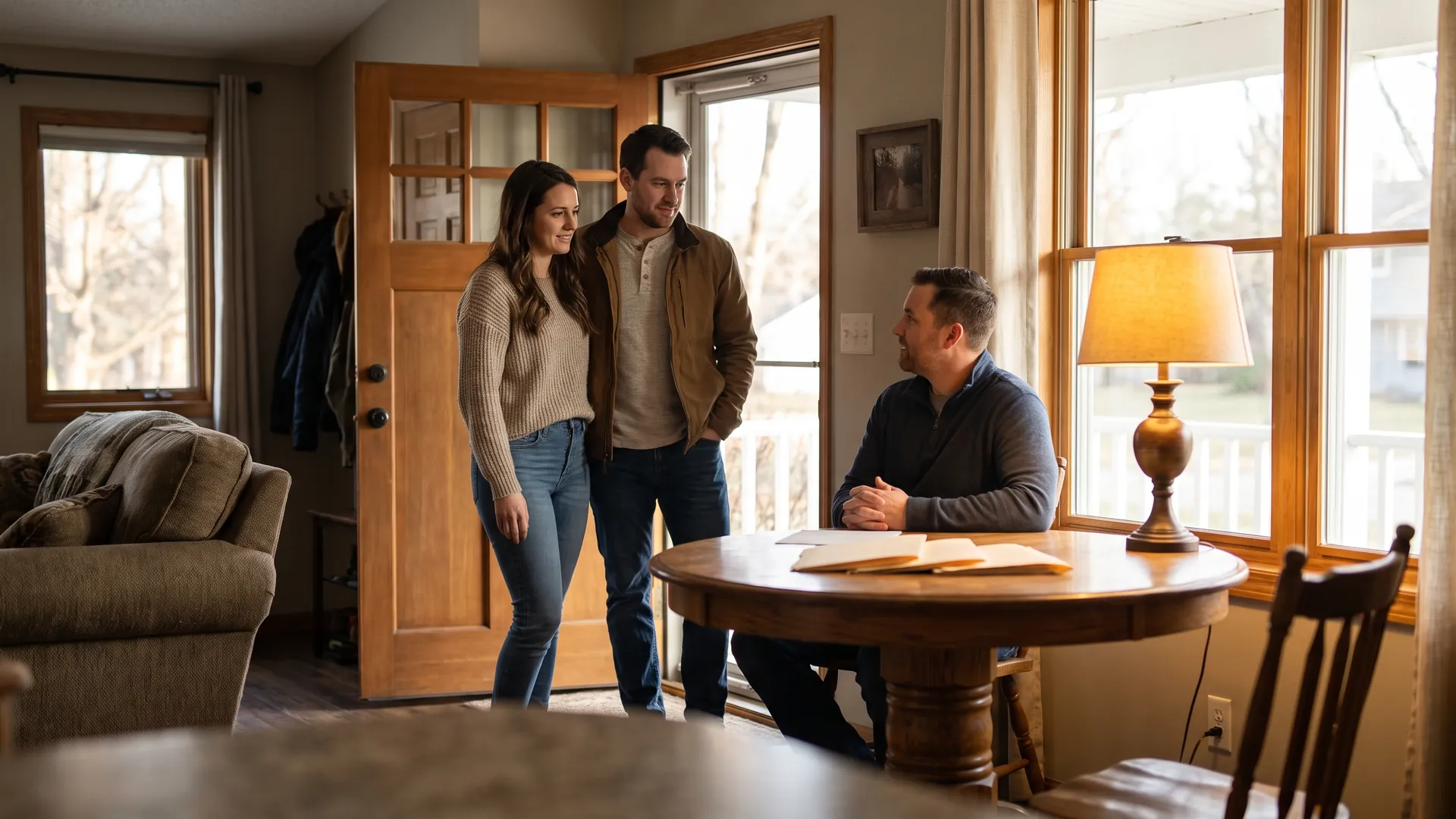 Couple discussing refinancing your home options with an advisor in their entryway