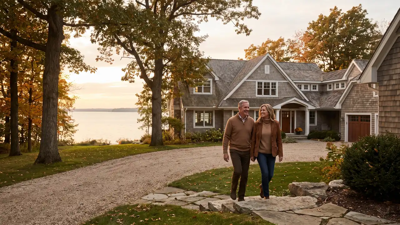 Couple approaching a large lakefront home while considering refinancing a jumbo loan