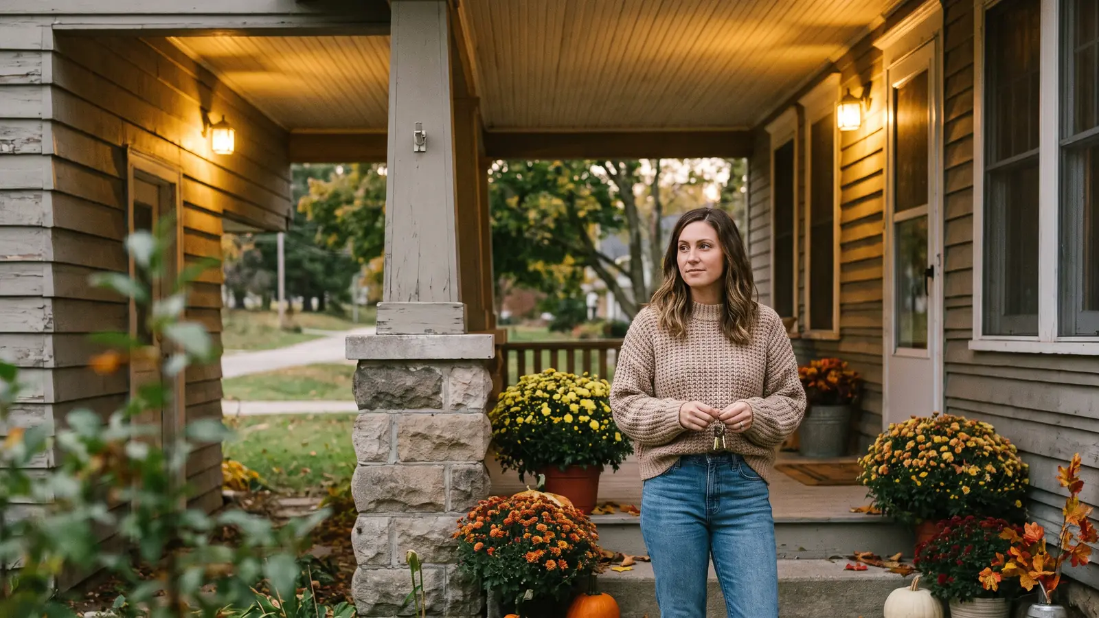 Homeowner on her porch after refinancing to remove a co-signer and hold the mortgage in her name alone