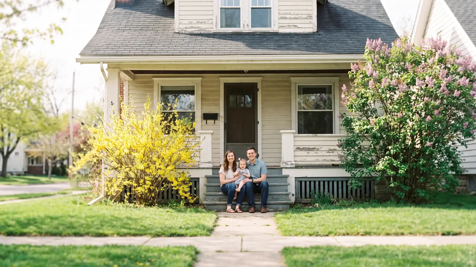 Family outside their home after refinancing to remove mortgage insurance and lower the monthly payment