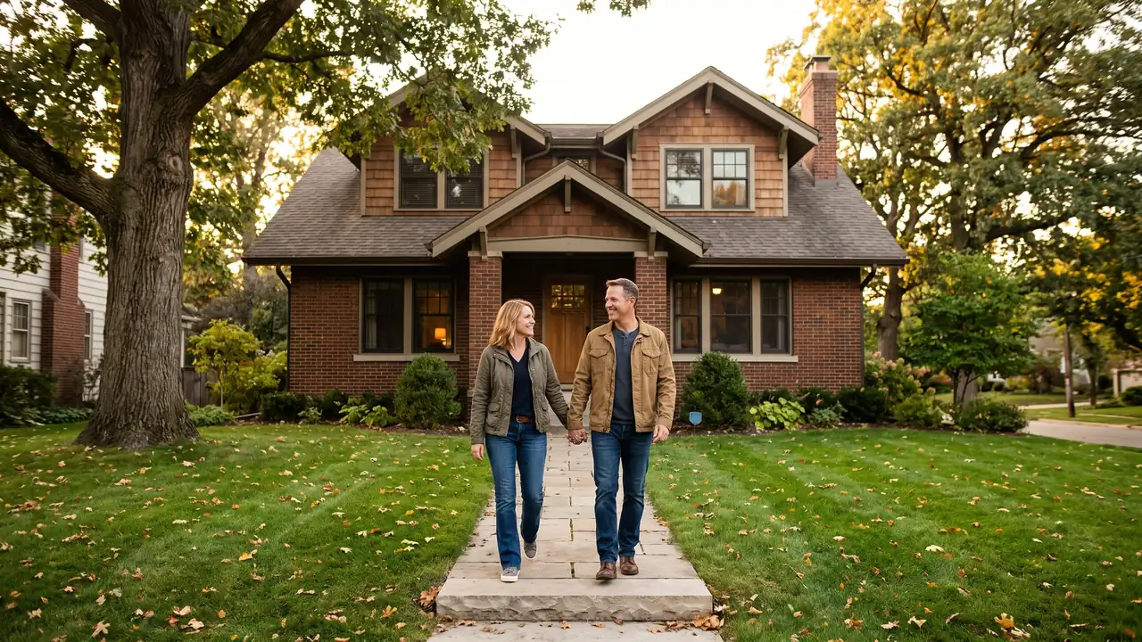 Couple approaching their home after refinancing to a shorter loan term to pay the mortgage off sooner