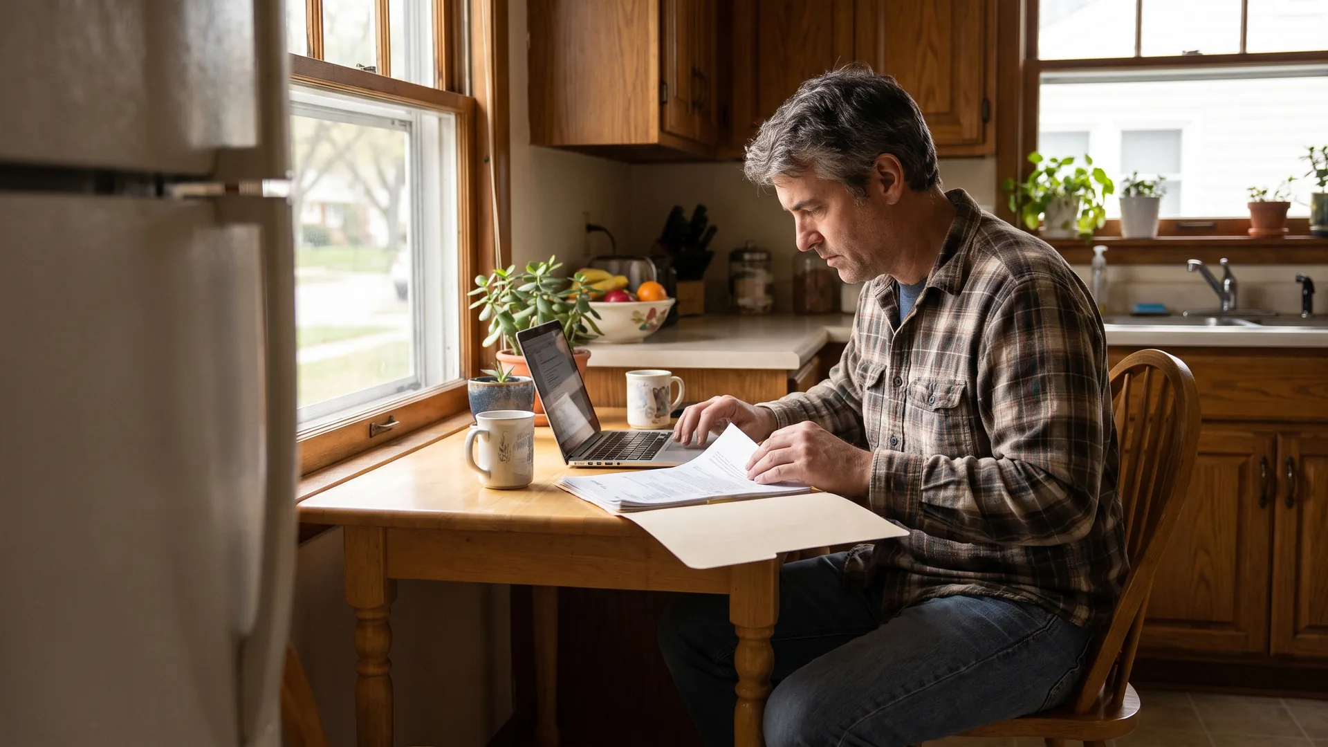 Homeowner at his kitchen table reviewing options for refinancing with bad credit