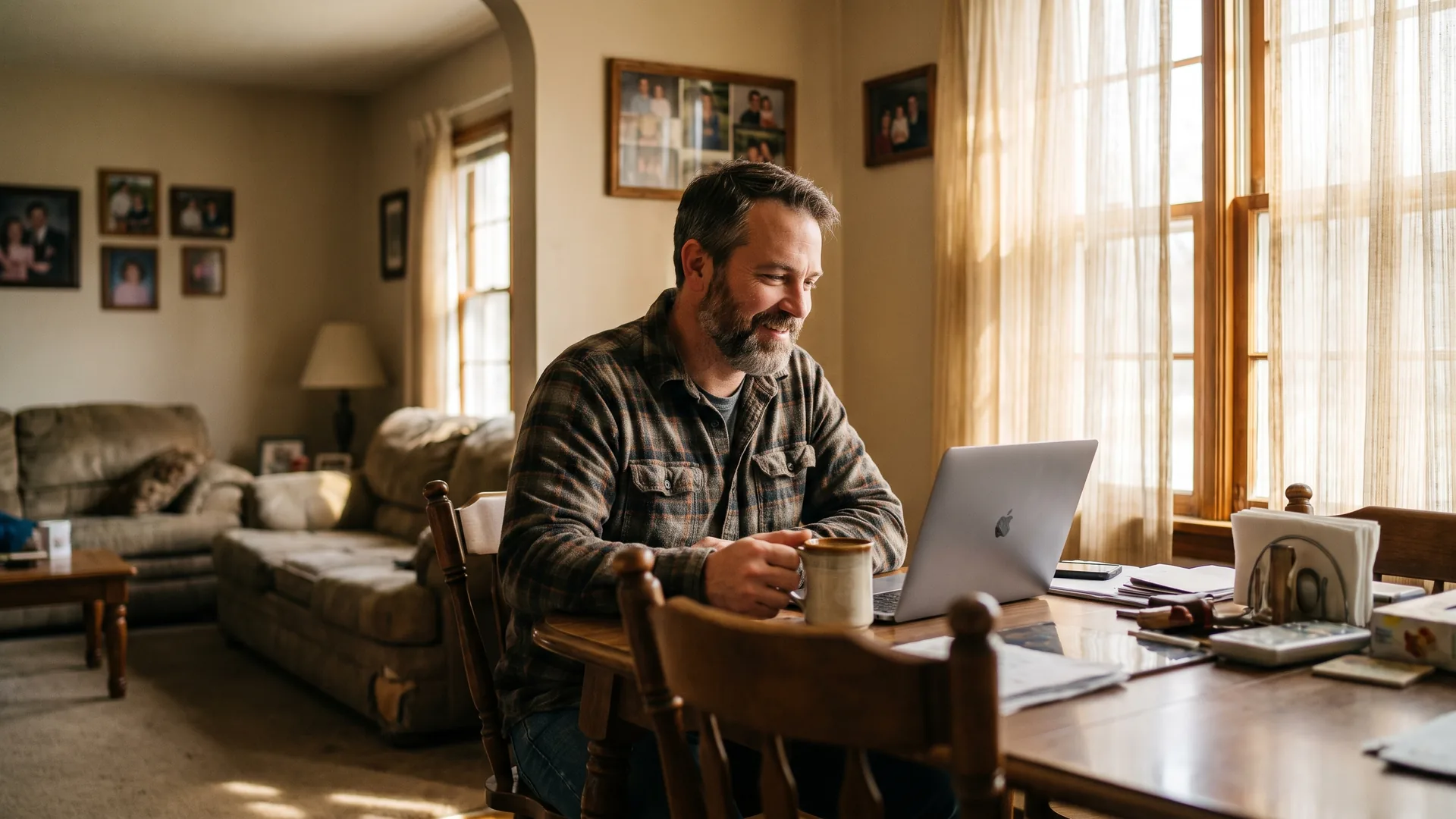 Homeowner researching refinancing with a low credit score at his dining table on a laptop