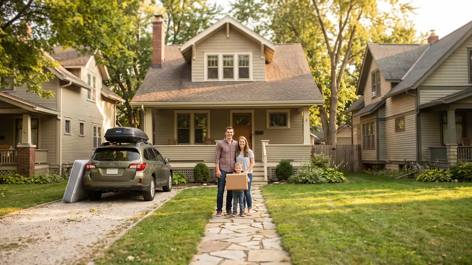 Family arriving with moving boxes at a Midwestern home, illustrating regional housing market differences for buyers
