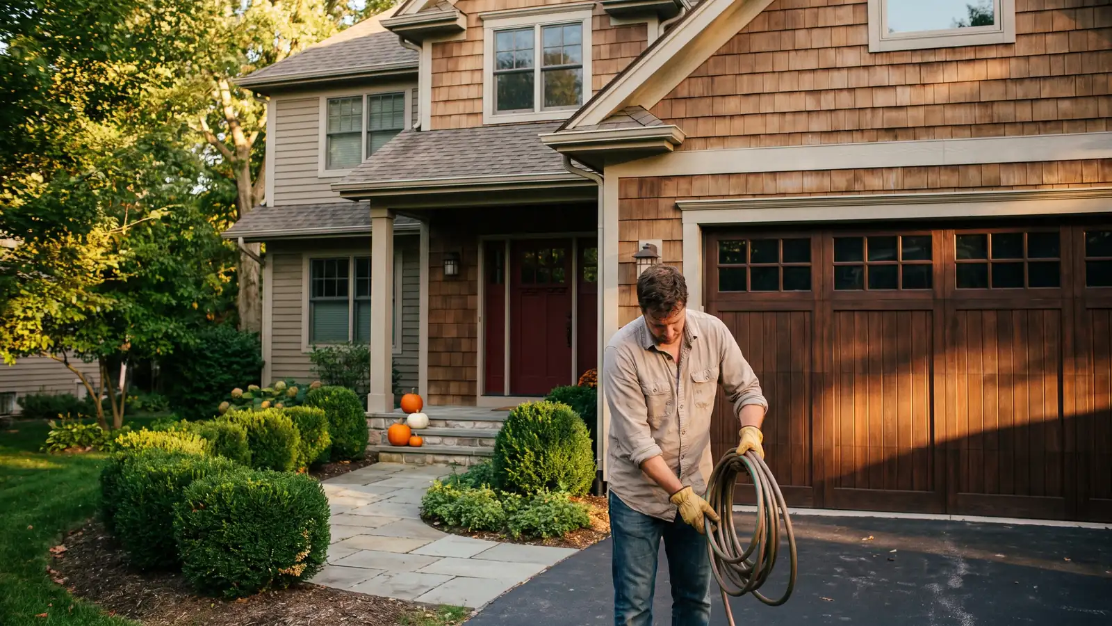 Home exterior with new garage door, painted entry door and fresh landscaping as renovation ideas to boost home value