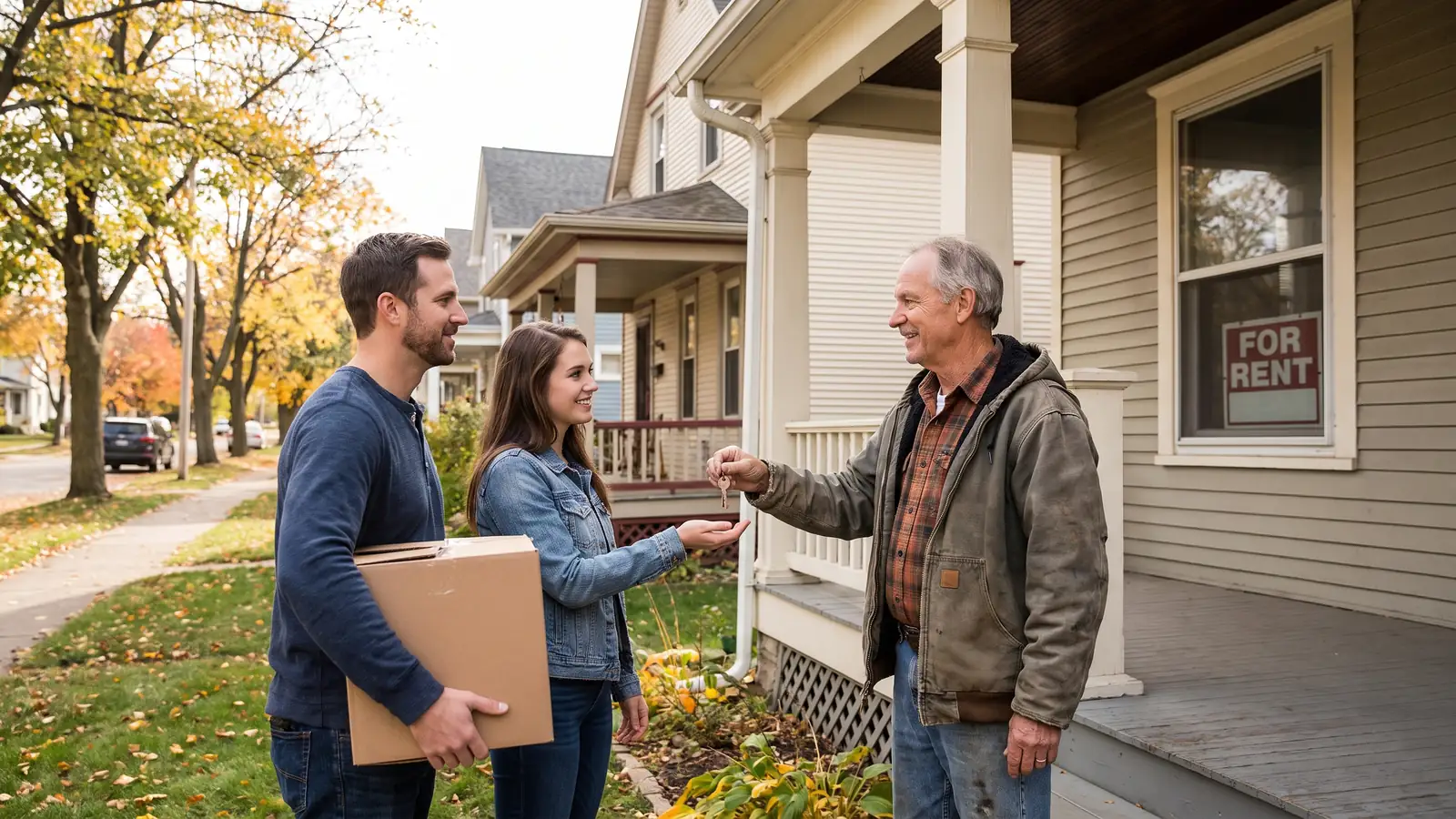 Landlord handing keys to new tenants outside a rental house while managing a rental property turnover