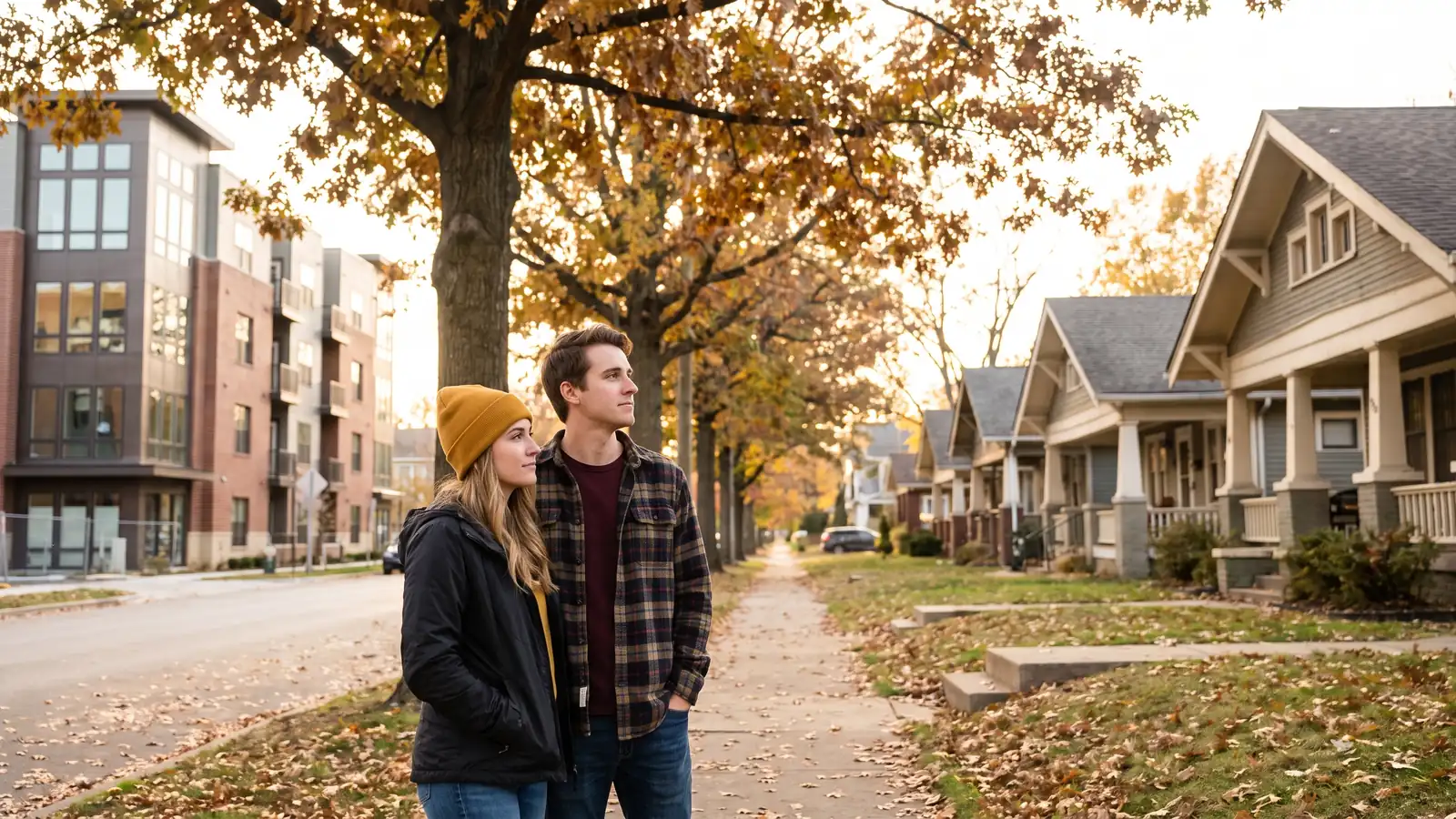 Couple weighing an apartment against nearby houses, picturing the renting vs. buying financial comparison