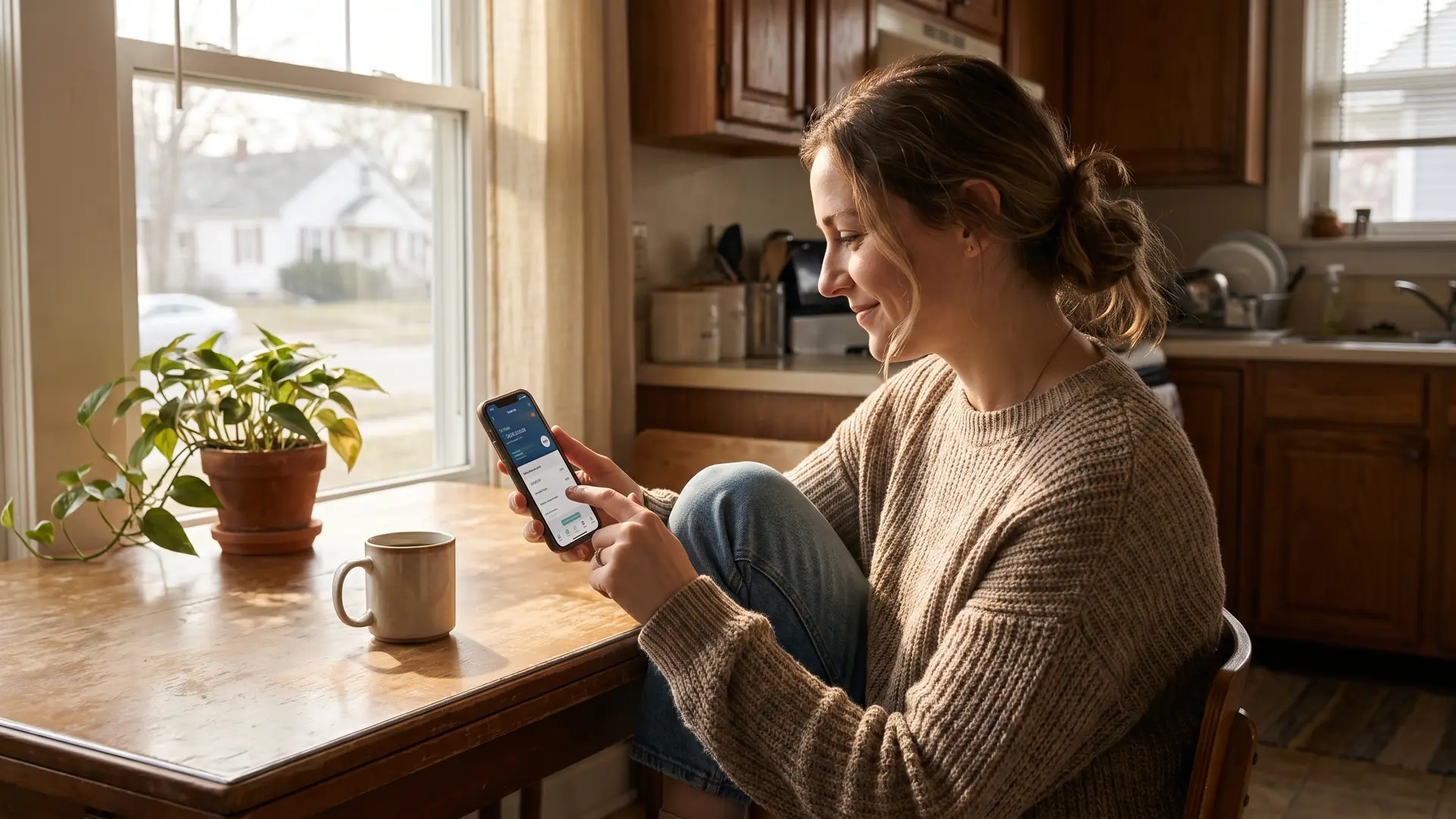 Renter paying rent from her phone at a sunlit kitchen table, illustrating reporting rent for a credit boost