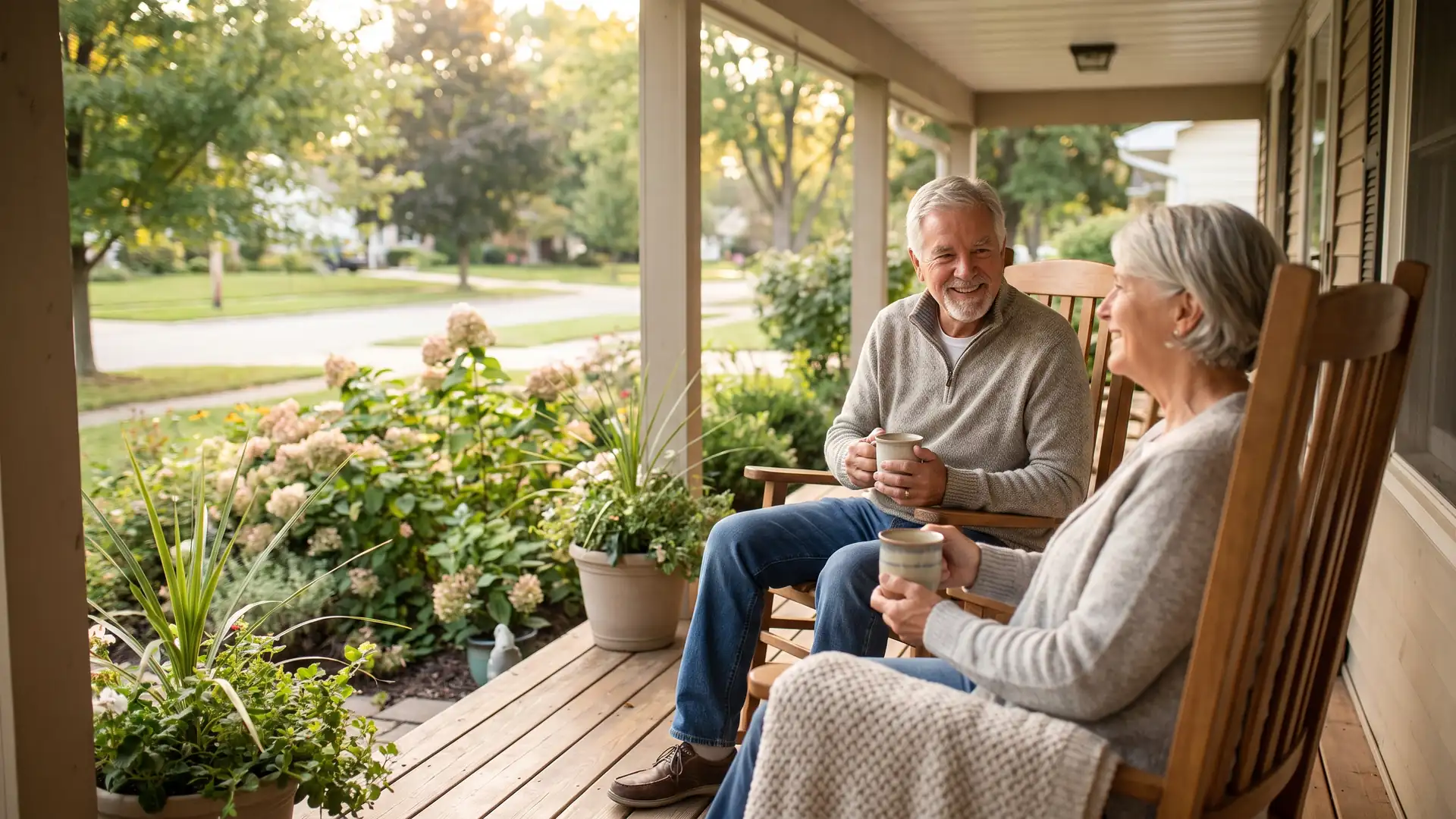Retired couple on the porch of their Michigan ranch home, the kind of homeowners reverse mortgages are designed for