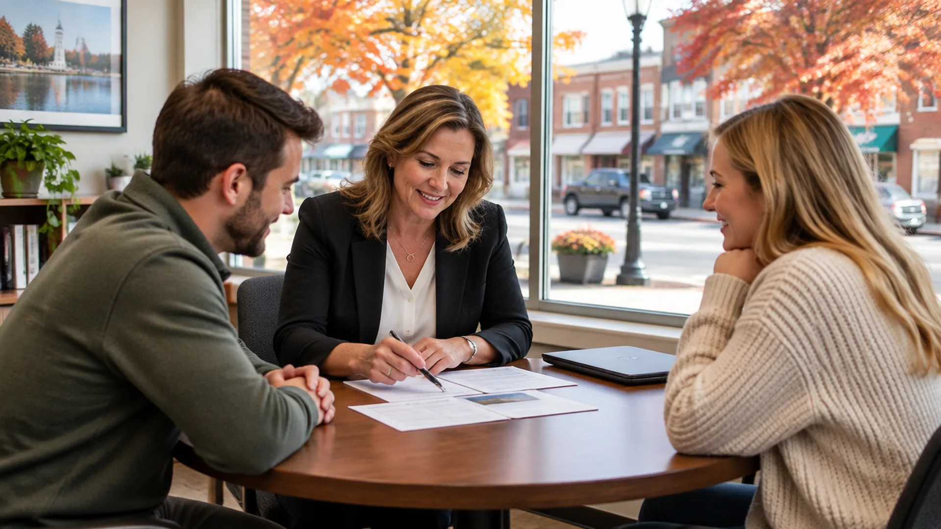 Couple at a kitchen table in a Michigan home comparing two printed Loan Estimates side by side