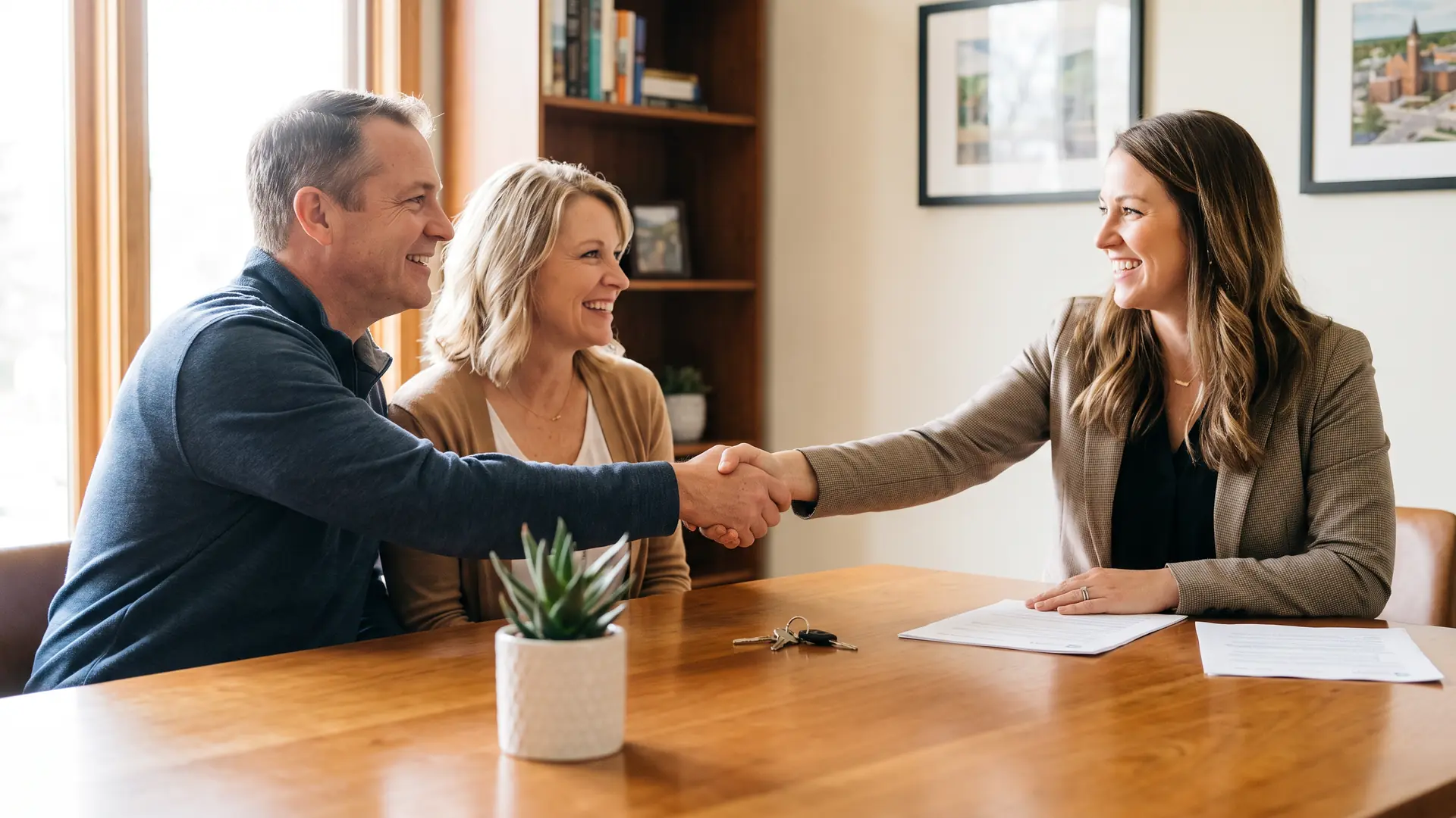 Buyers shaking hands at a closing table, the final step in the role of escrow in home buying