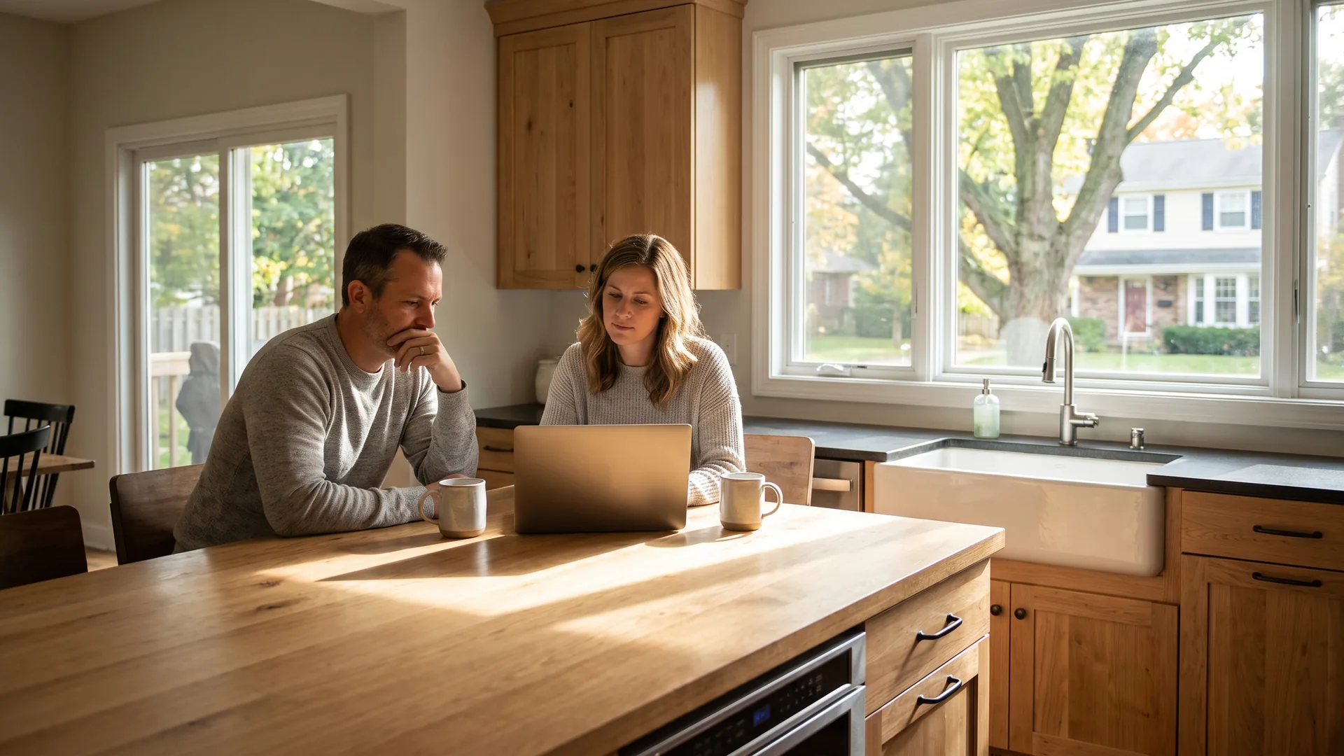 Homeowners at a sunlit kitchen island reviewing options for a second mortgage against their home equity