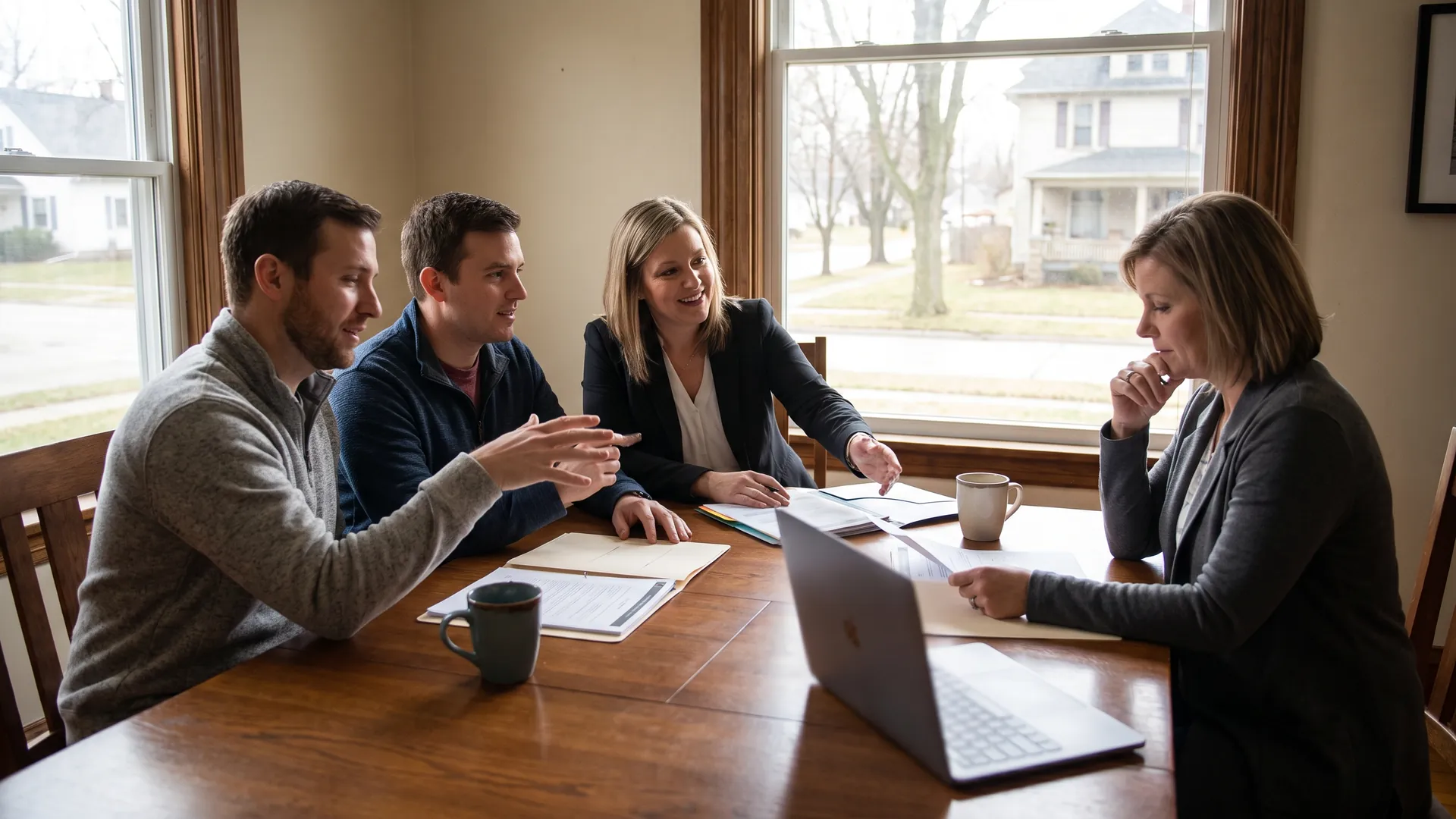 Buyers and agent negotiating seller-paid closing costs with a home seller at a dining room table