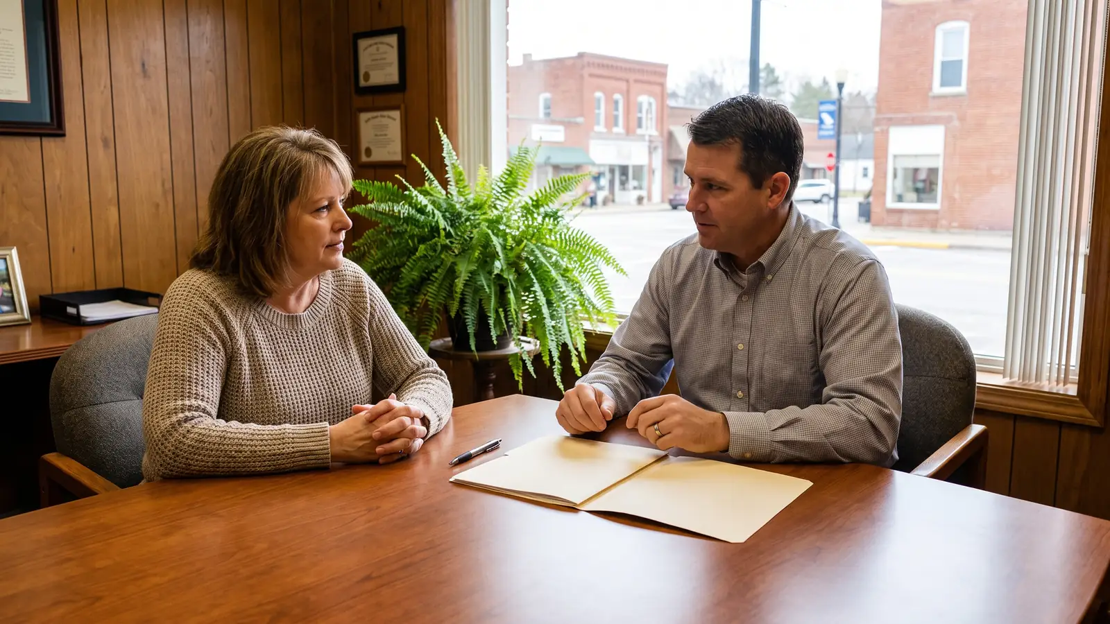 Seller meeting a closing agent at a title office table while reviewing seller's closing costs before a Michigan home sale