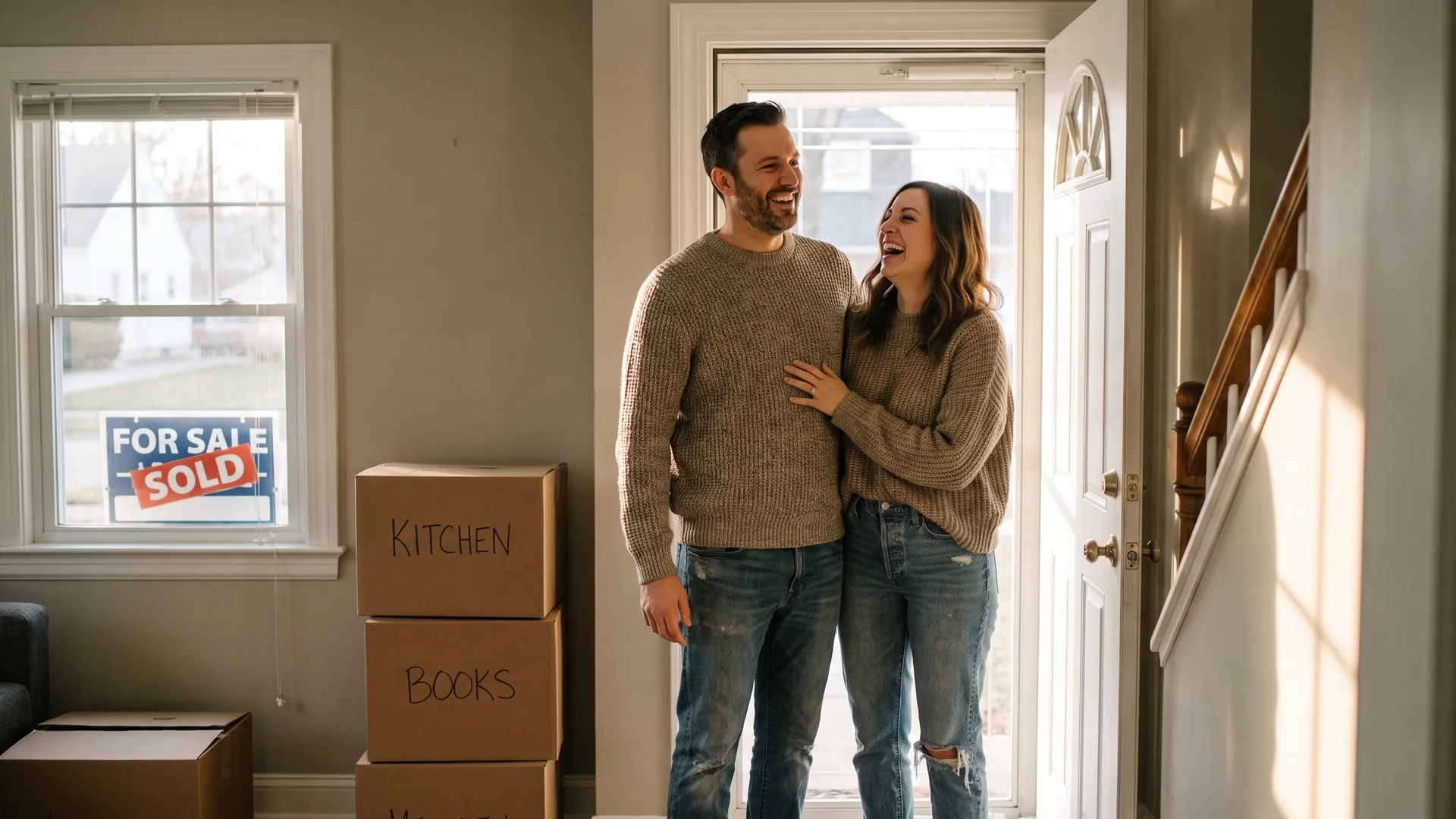Couple in the entryway of a Michigan colonial with a for-sale sign visible through the window on a bright fall morning
