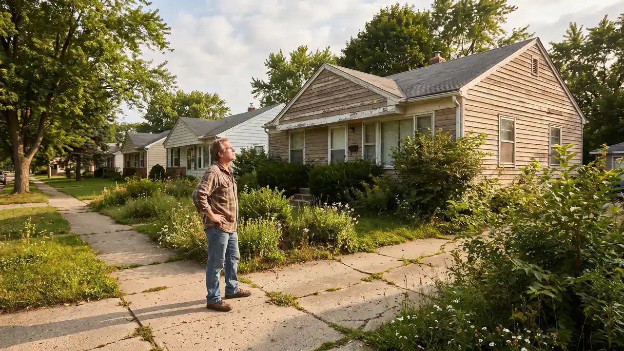 Homeowner assessing a dated Michigan bungalow exterior while deciding whether to sell the home as-is