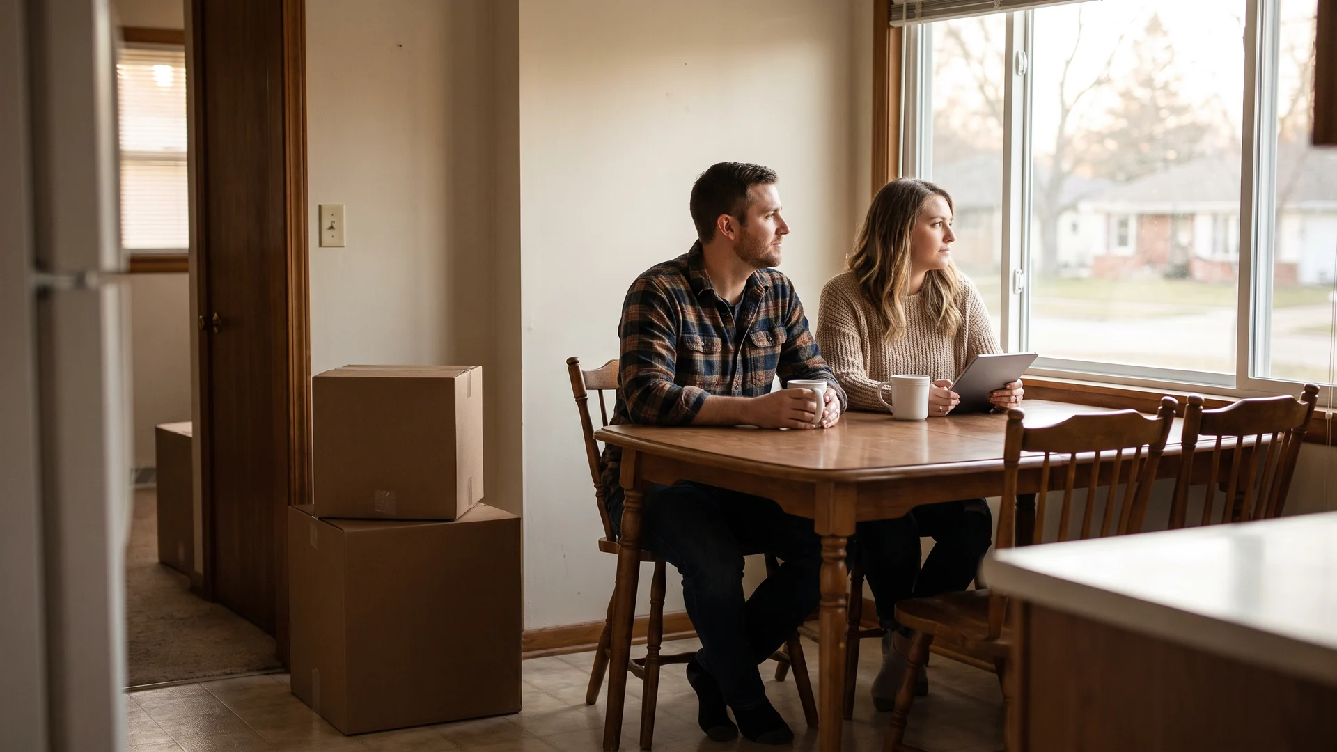 Two adults seated at a kitchen table with moving boxes nearby while planning to sell a home during a divorce