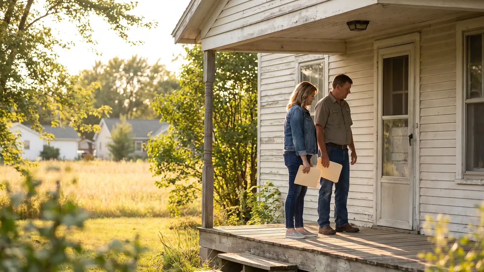Adult siblings standing on the porch of an older family home while handling a probate home sale