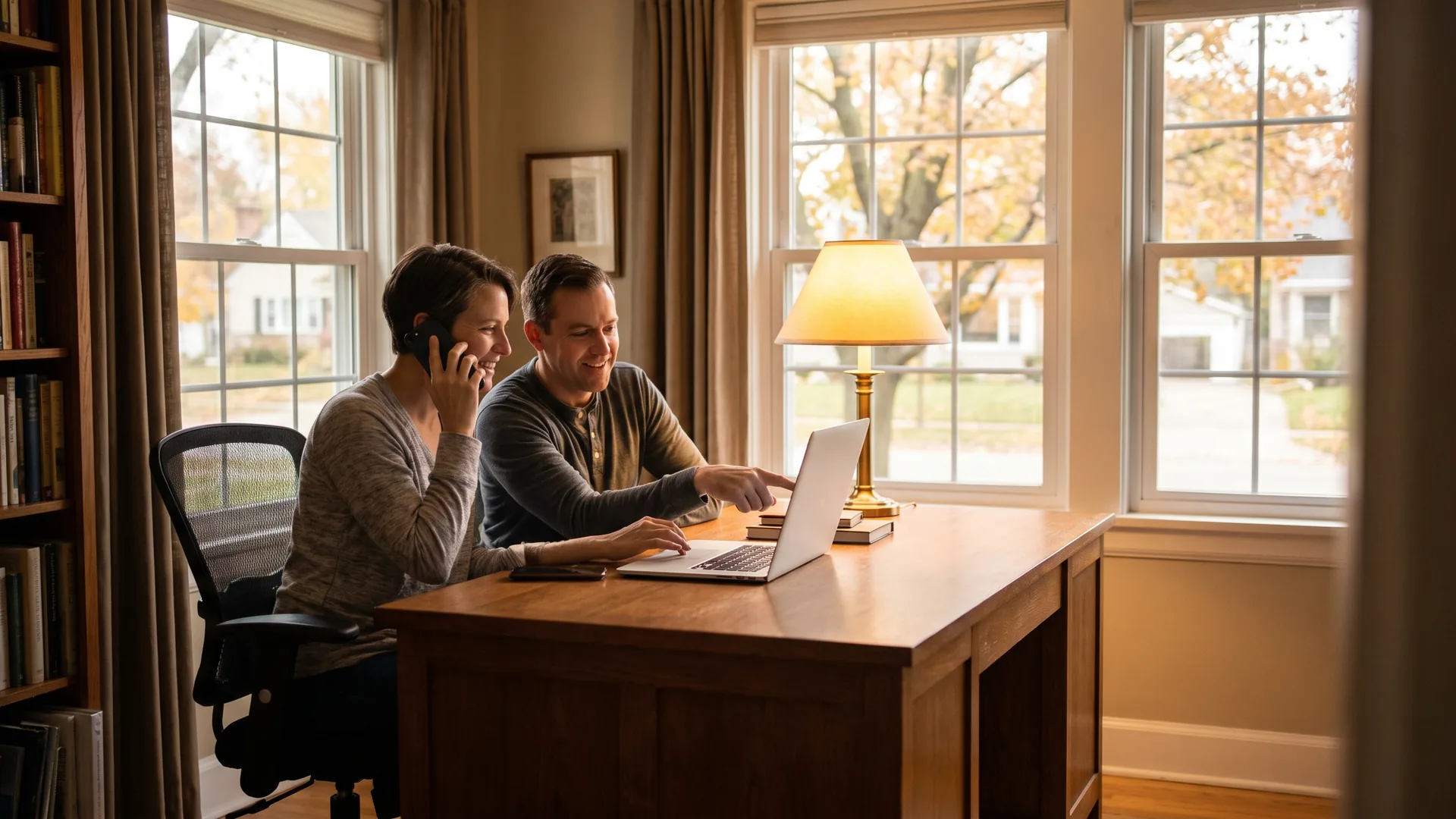 Couple at a home office desk calling their lender about payoff before selling a home with a home equity loan