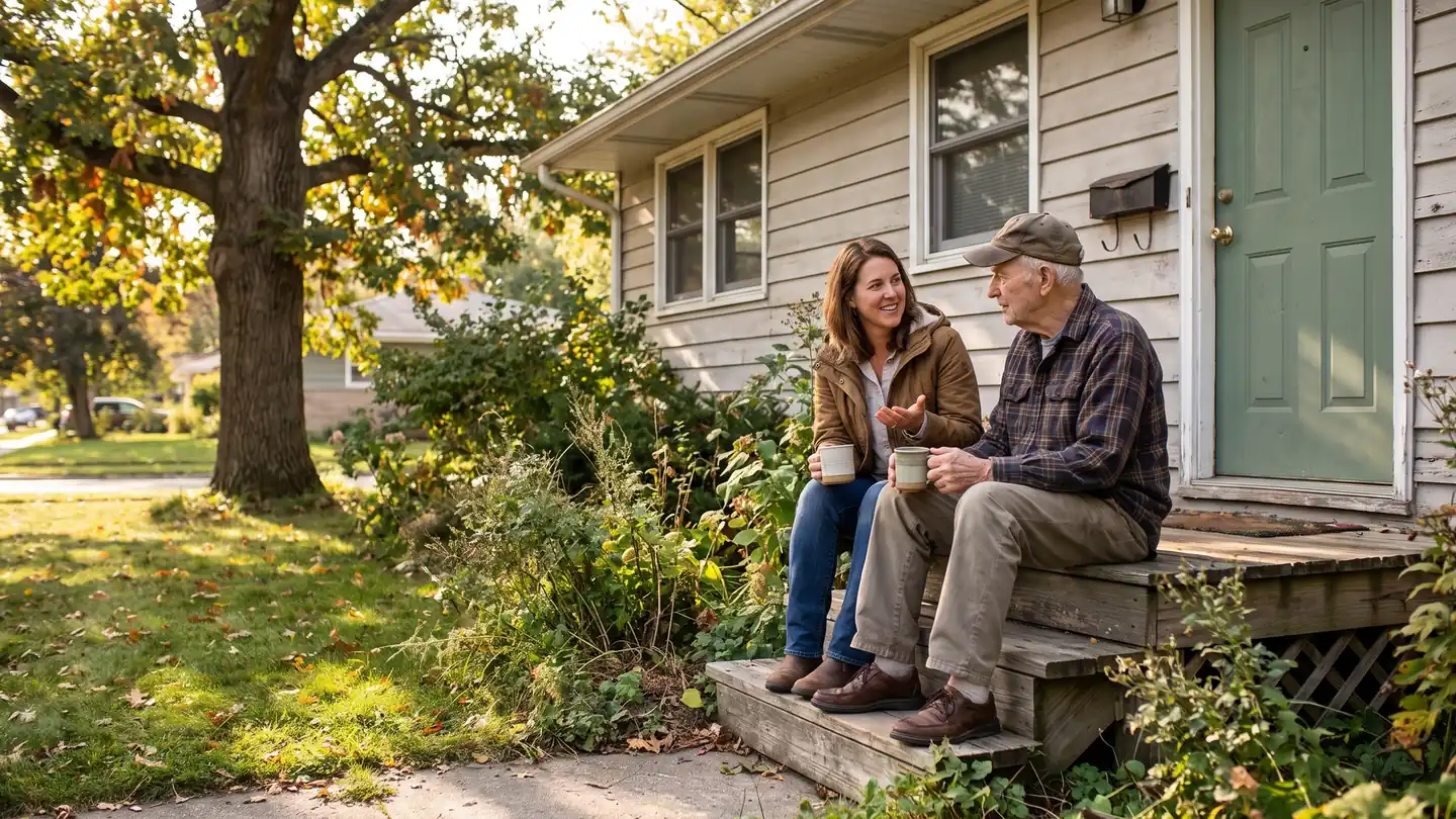 Adult daughter and elderly father talking on the front steps while planning to sell a home with a reverse mortgage