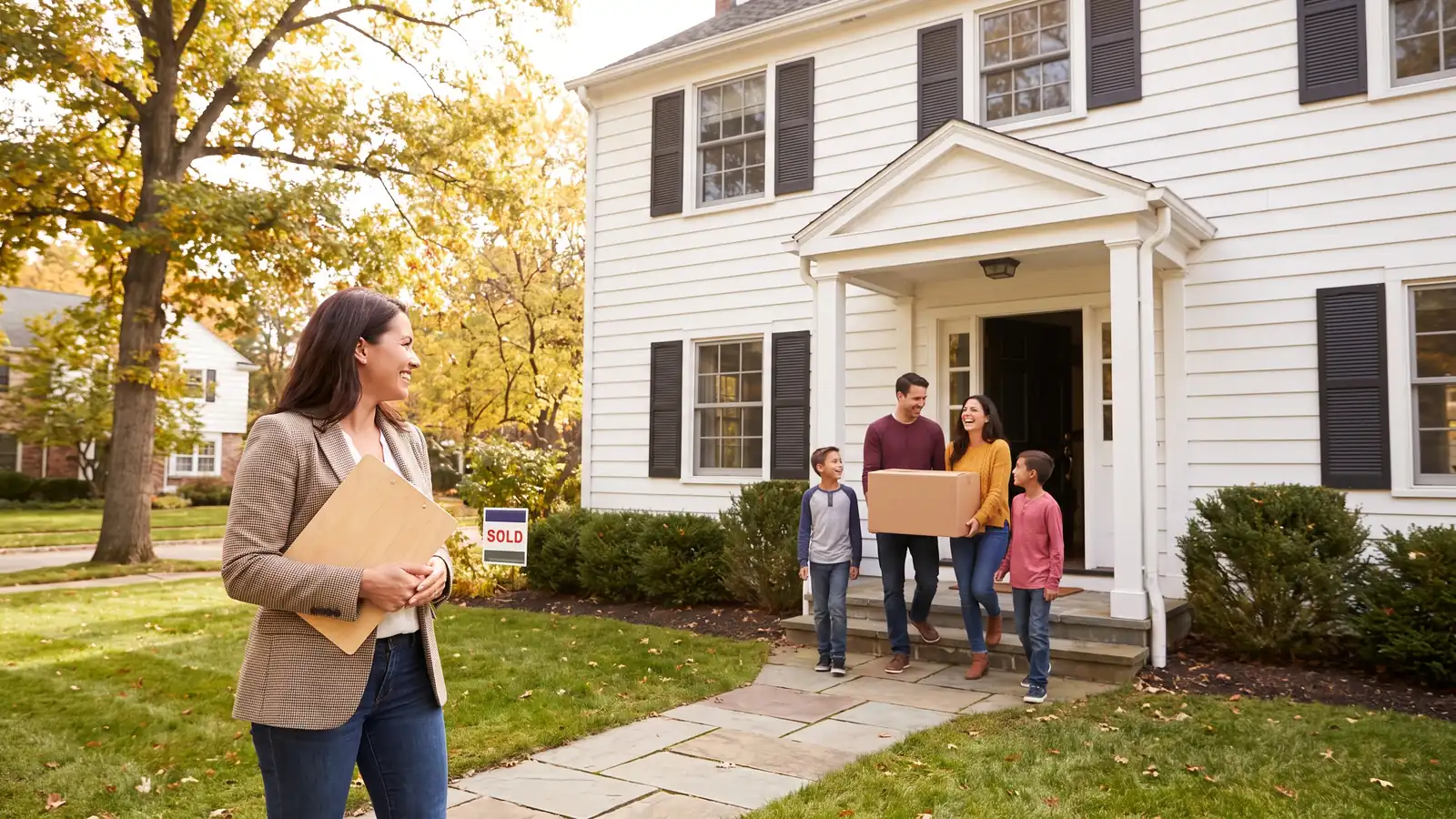 Family carrying a final box from a Michigan colonial as their agent looks on, illustrating the home selling process