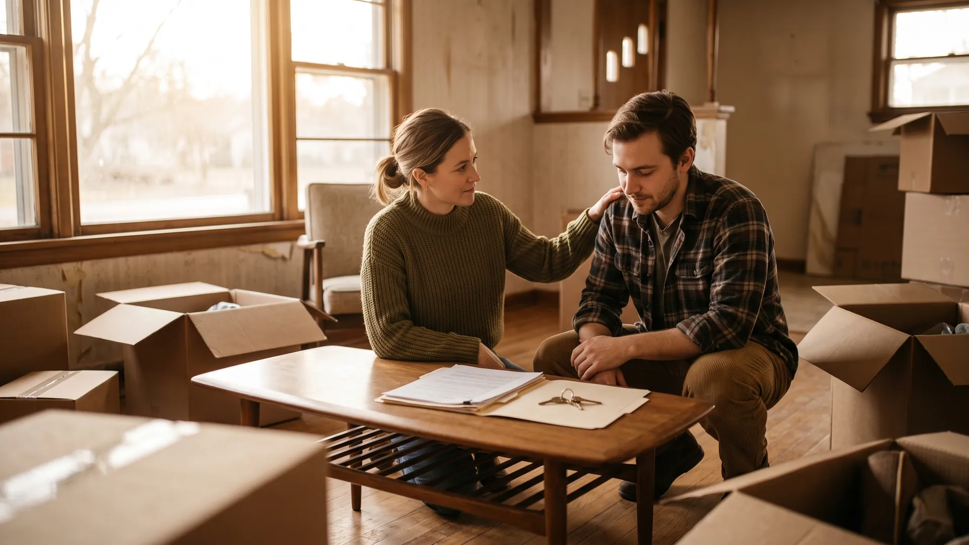 Two siblings sorting paperwork and boxes in the living room of an inherited Michigan home