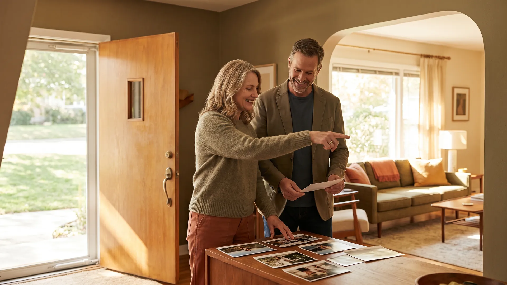 Homeowner and listing agent reviewing marketing photos on a console table inside a Michigan home for sale