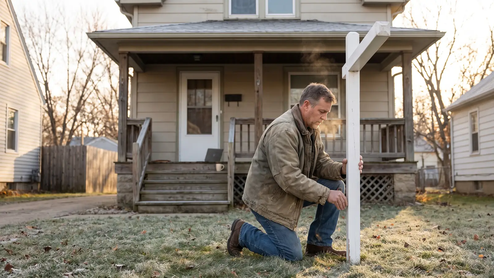 Homeowner planting a blank yard sign in front of a Michigan two-story while selling without a REALTOR
