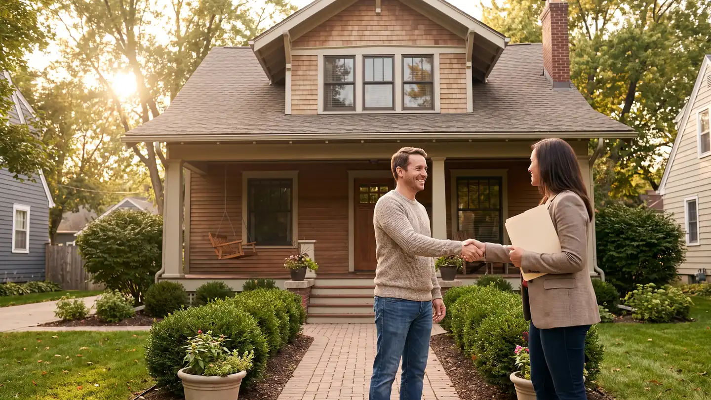 Homeowner greeting an agent outside a freshly staged two-story home while preparing to sell their house