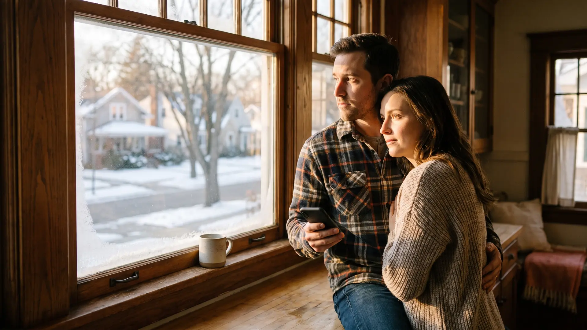 Couple at a kitchen window weighing whether a refinance still pays off as rates rise