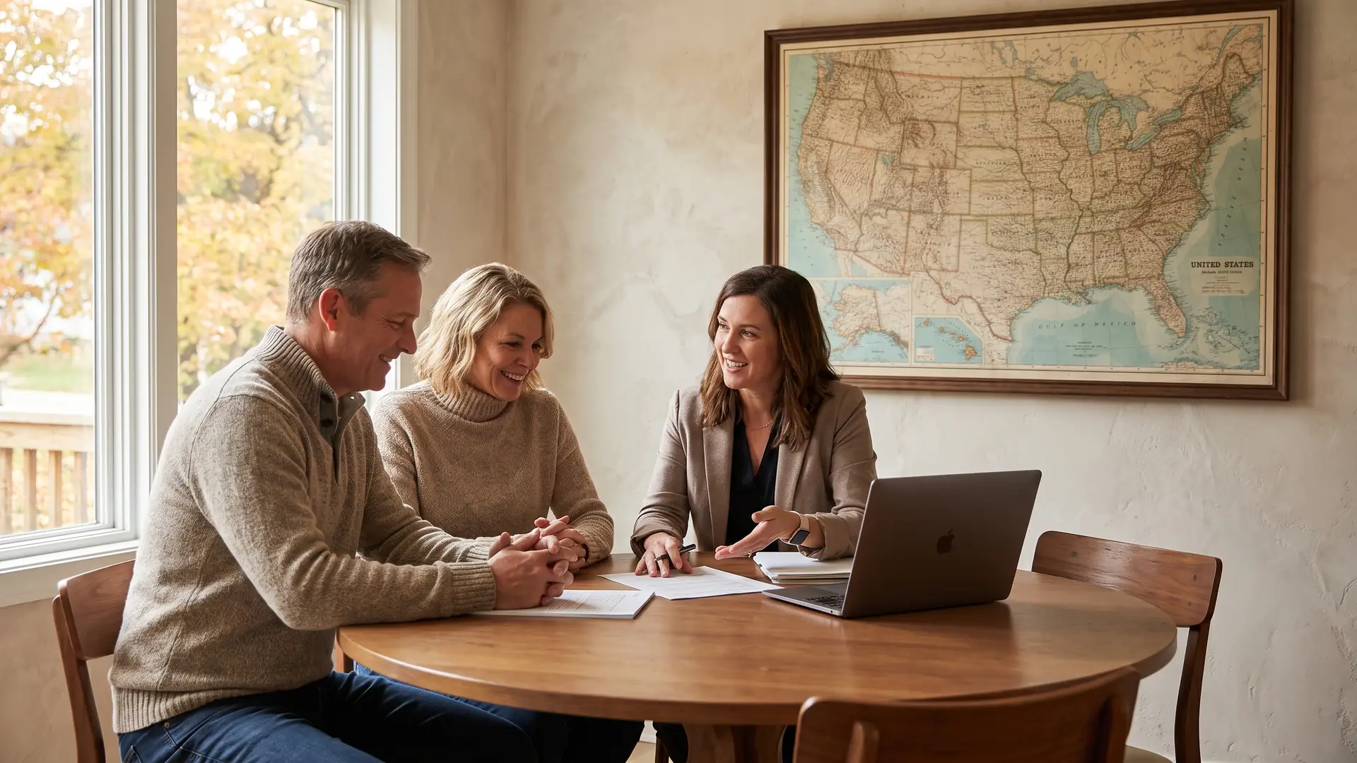 Buyers meeting a local expert about state-specific home buying regulations, U.S. map on the wall behind them