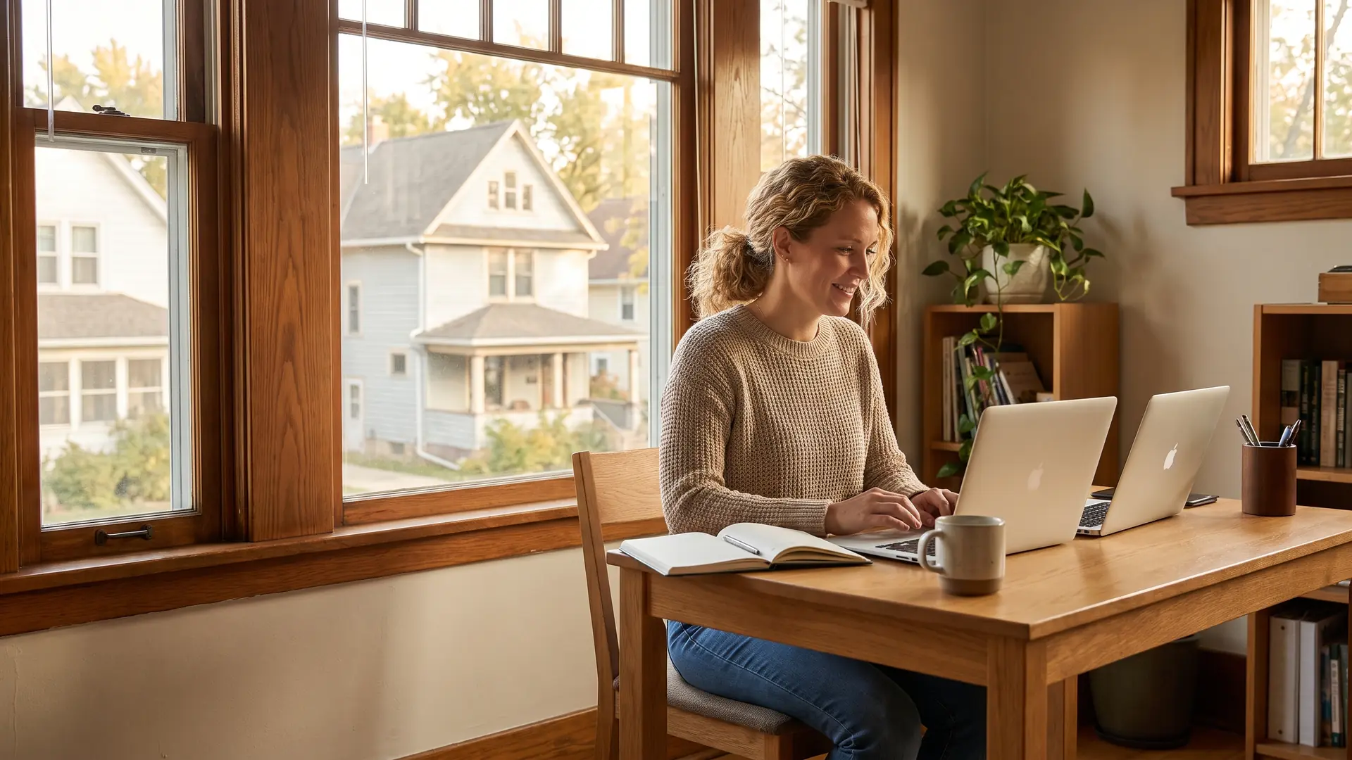 Homeowner comparing lender offers while refinancing in a competitive market from her home office
