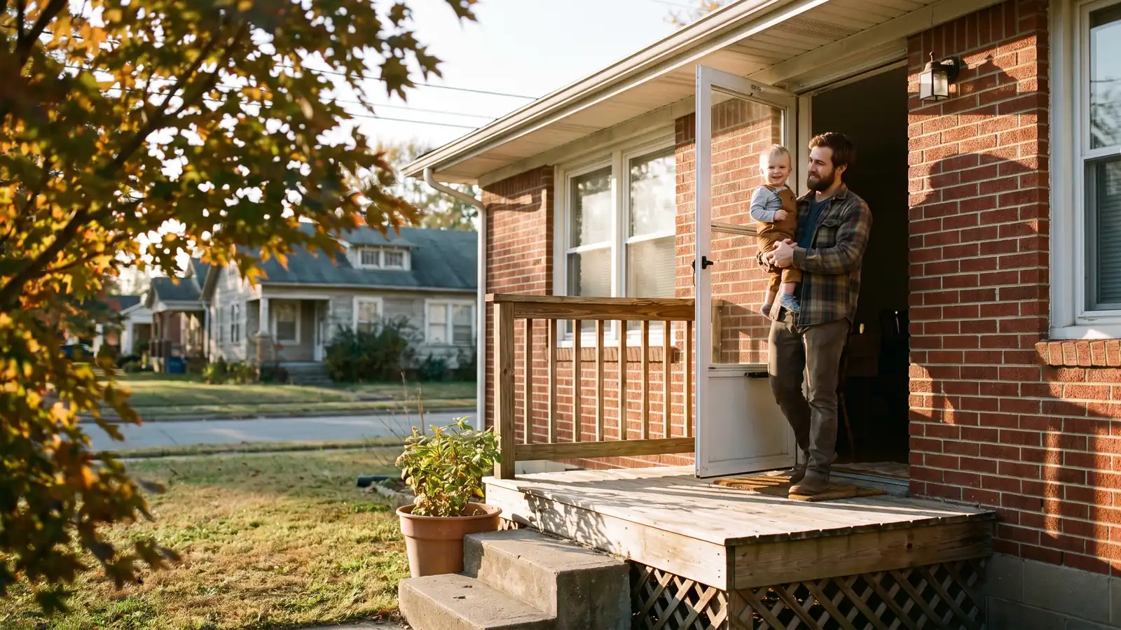 Father and child in the doorway of a brick ranch home after a streamline refinance