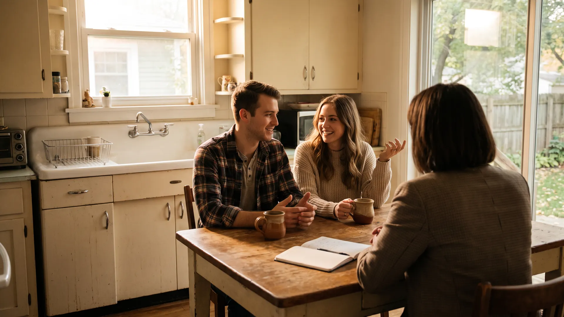 First-time home sellers reviewing their plan at the kitchen table with a real estate professional in a Michigan starter home