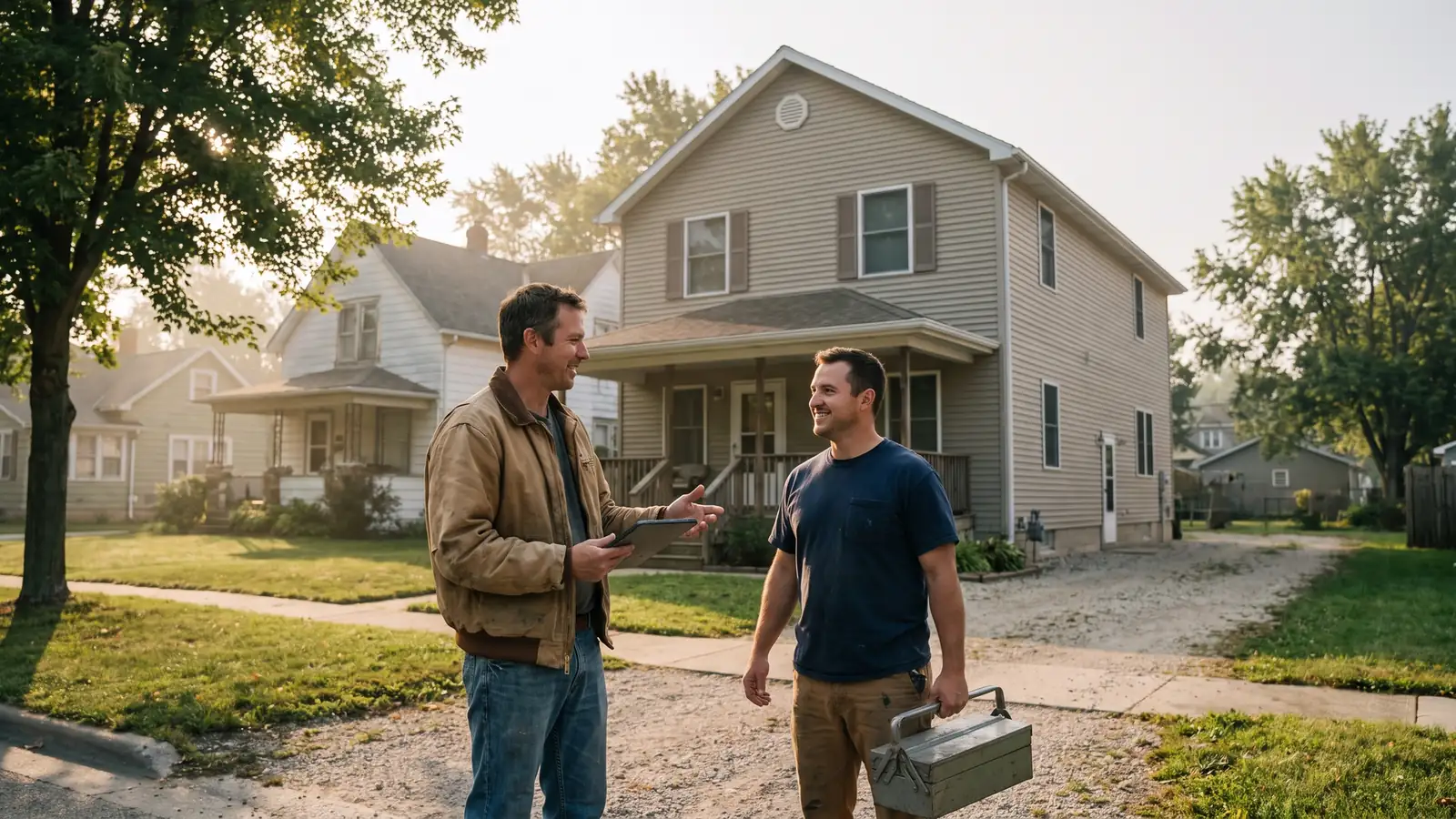 Landlord and contractor outside a duplex while managing multiple rental properties in Michigan
