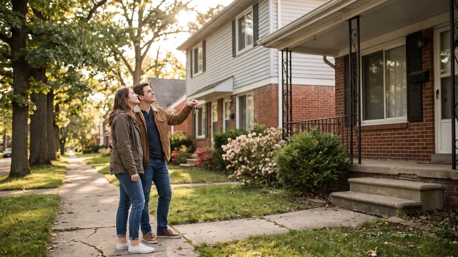New investors holding keys outside their first duplex, illustrating tips for new real estate investors