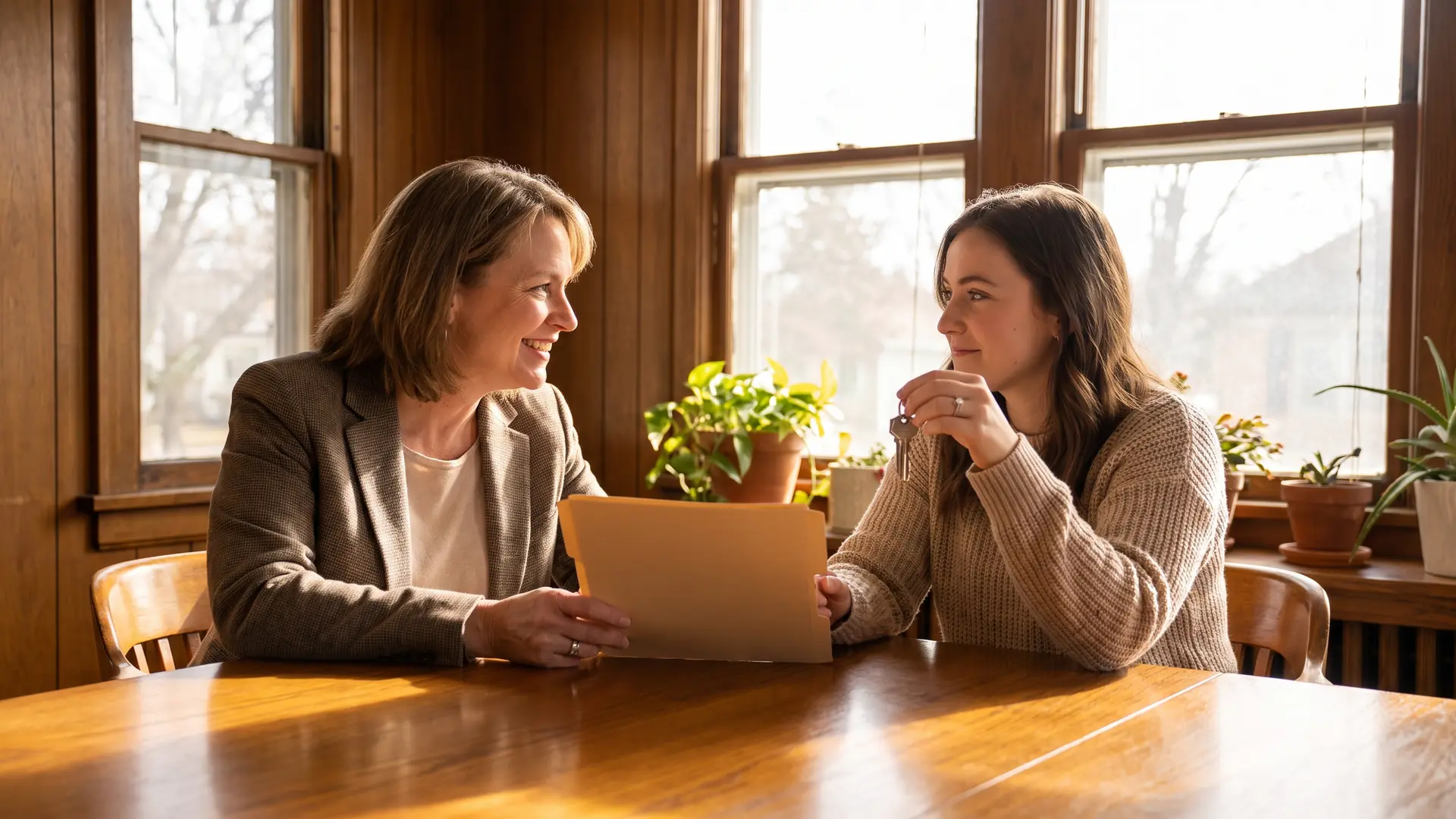 Buyer meeting a settlement officer at a title office table while reviewing title insurance before closing