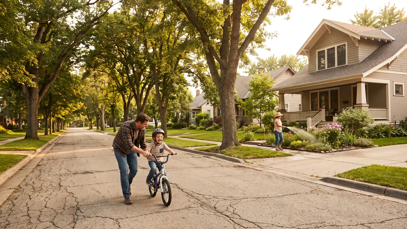 Quiet tree-lined residential street at golden hour with a child learning to ride a bike, illustrating the safest cities in the US