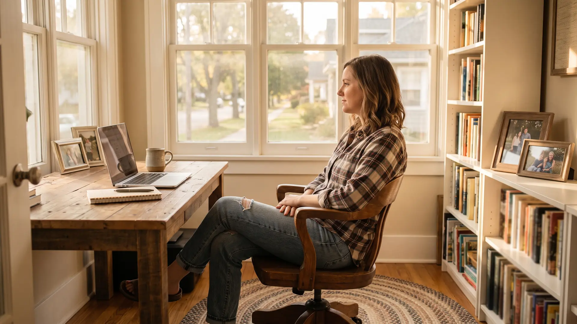 Homeowner weighing refinancing options at a home office desk in soft afternoon light
