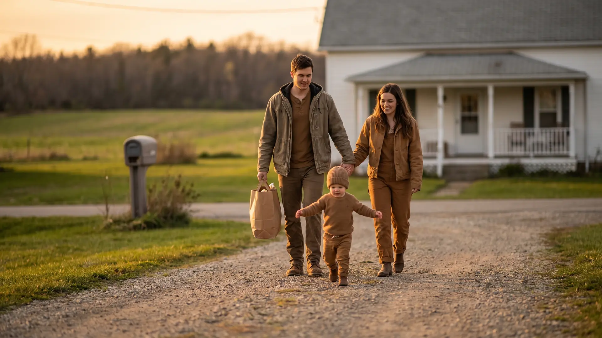 Young family walking a gravel driveway toward a white farmhouse on the edge of a small Michigan town at sunset