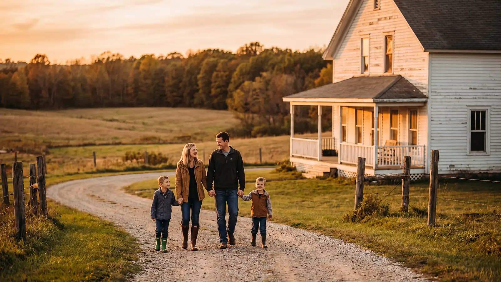 Family approaching a rural Michigan farmhouse purchased with a USDA loan, fields and treeline behind